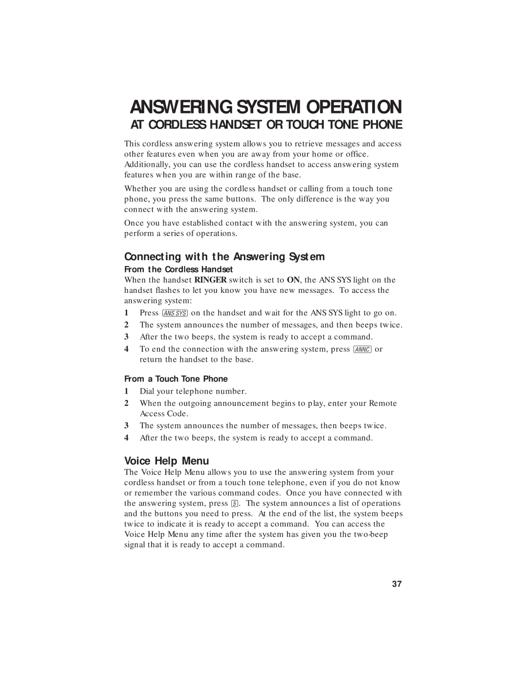 AT&T 7720 Connecting with the Answering System, Voice Help Menu, From the Cordless Handset, From a Touch Tone Phone 