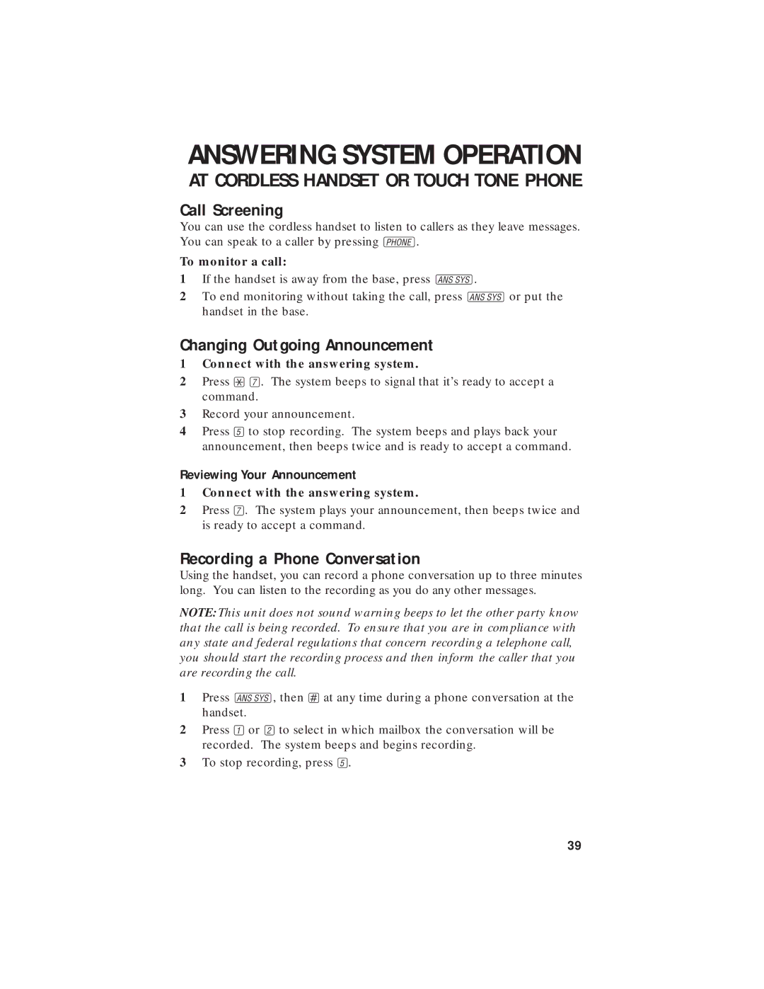 AT&T 7720 user manual Call Screening, Changing Outgoing Announcement, Reviewing Your Announcement, To monitor a call 