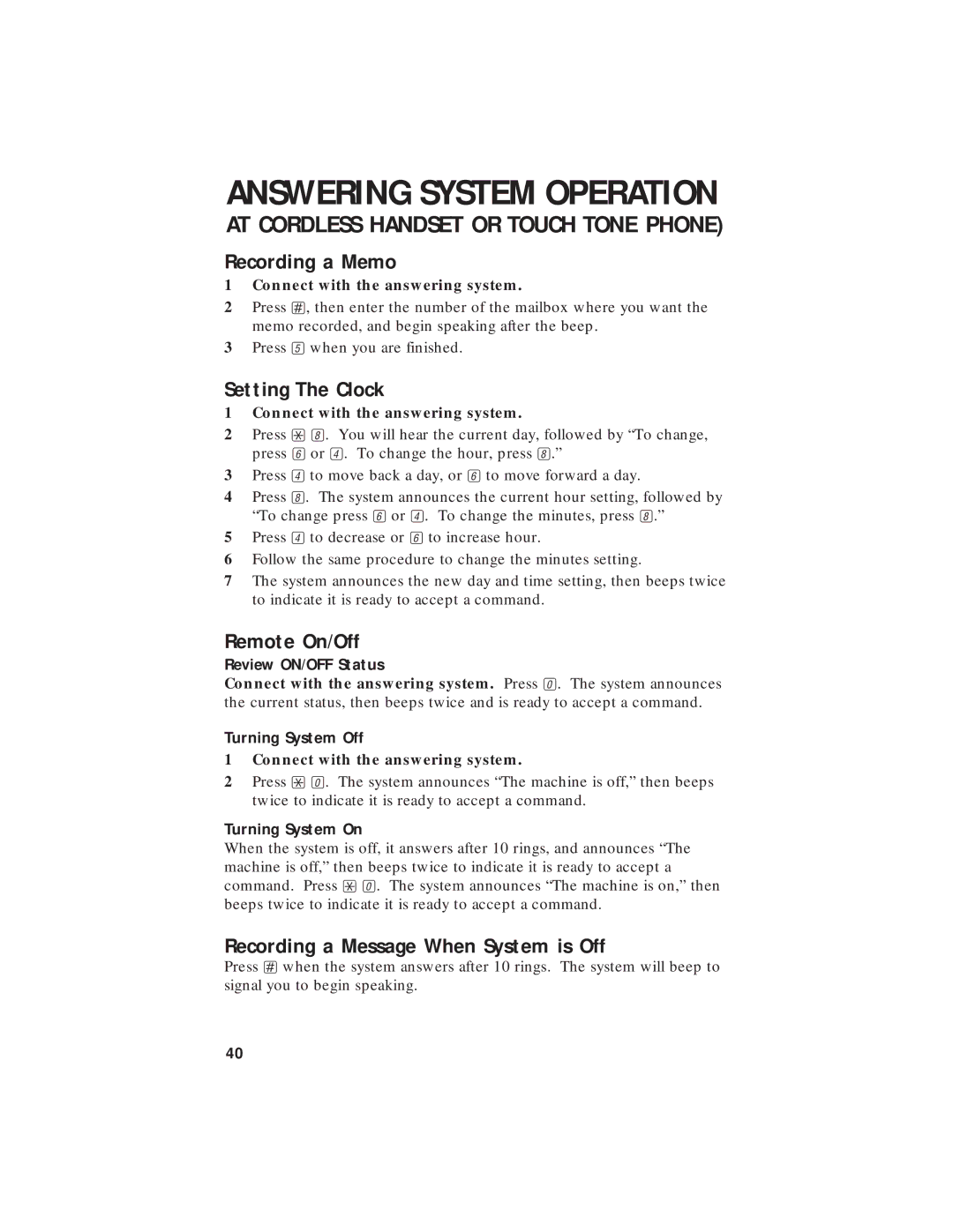 AT&T 7720 user manual Remote On/Off, Recording a Message When System is Off, Review ON/OFF Status, Turning System Off 