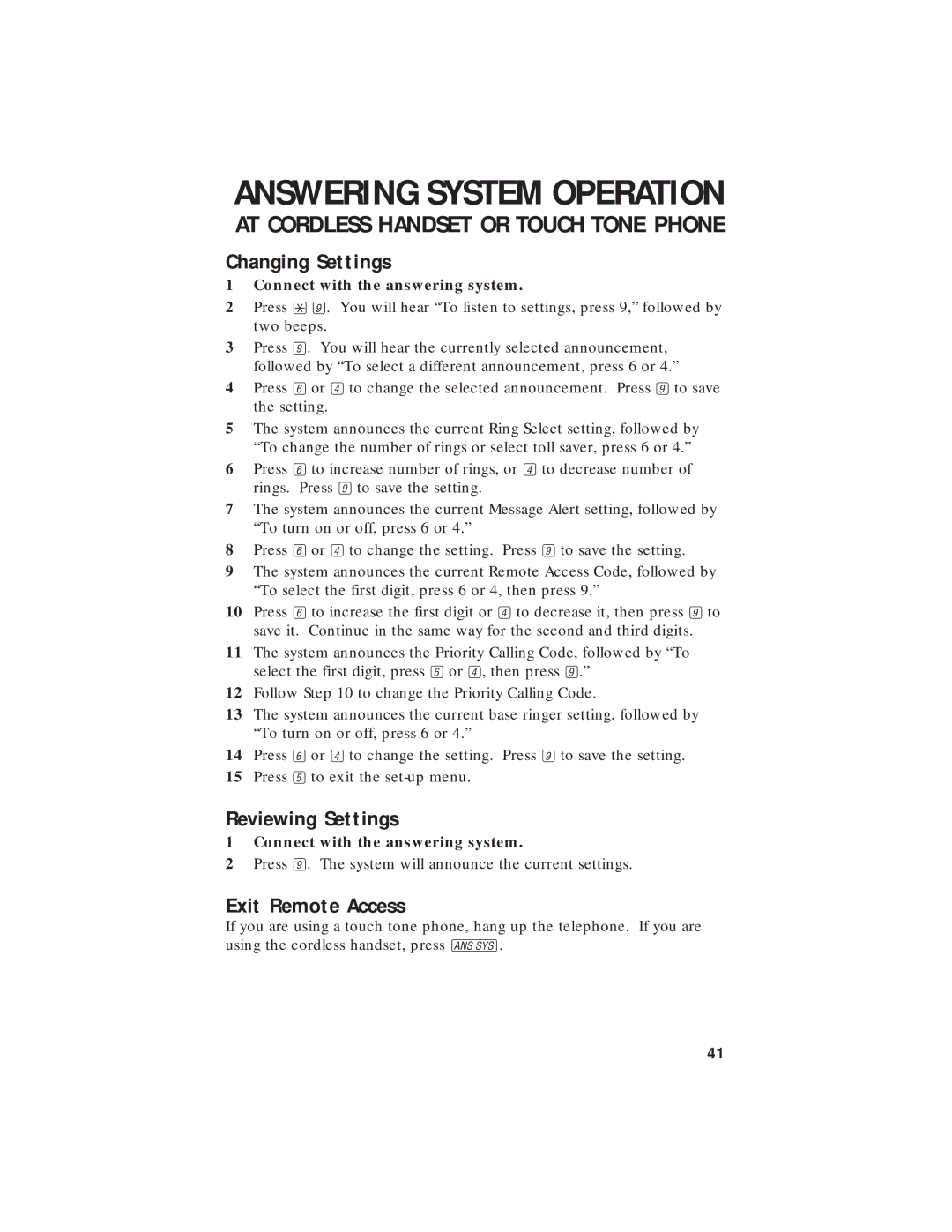 AT&T 7720 user manual Changing Settings, Reviewing Settings, Exit Remote Access 