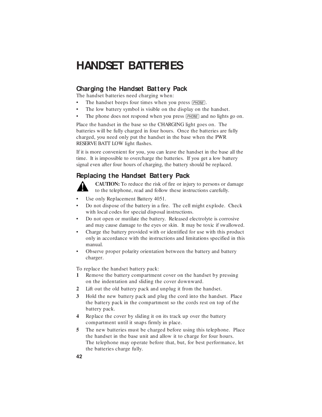 AT&T 7720 user manual Handset Batteries, Charging the Handset Battery Pack, Replacing the Handset Battery Pack 