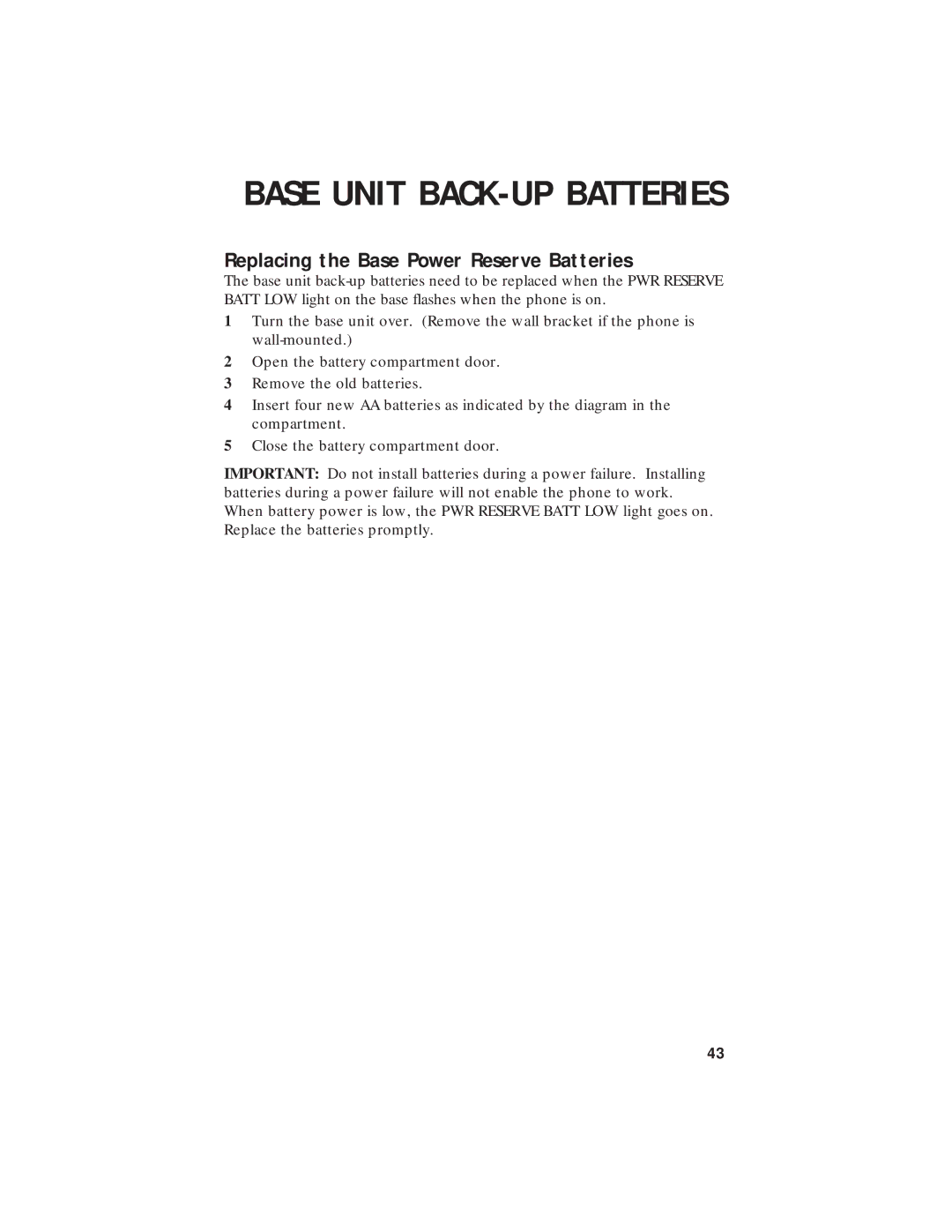 AT&T 7720 user manual Base Unit BACK-UP Batteries, Replacing the Base Power Reserve Batteries 