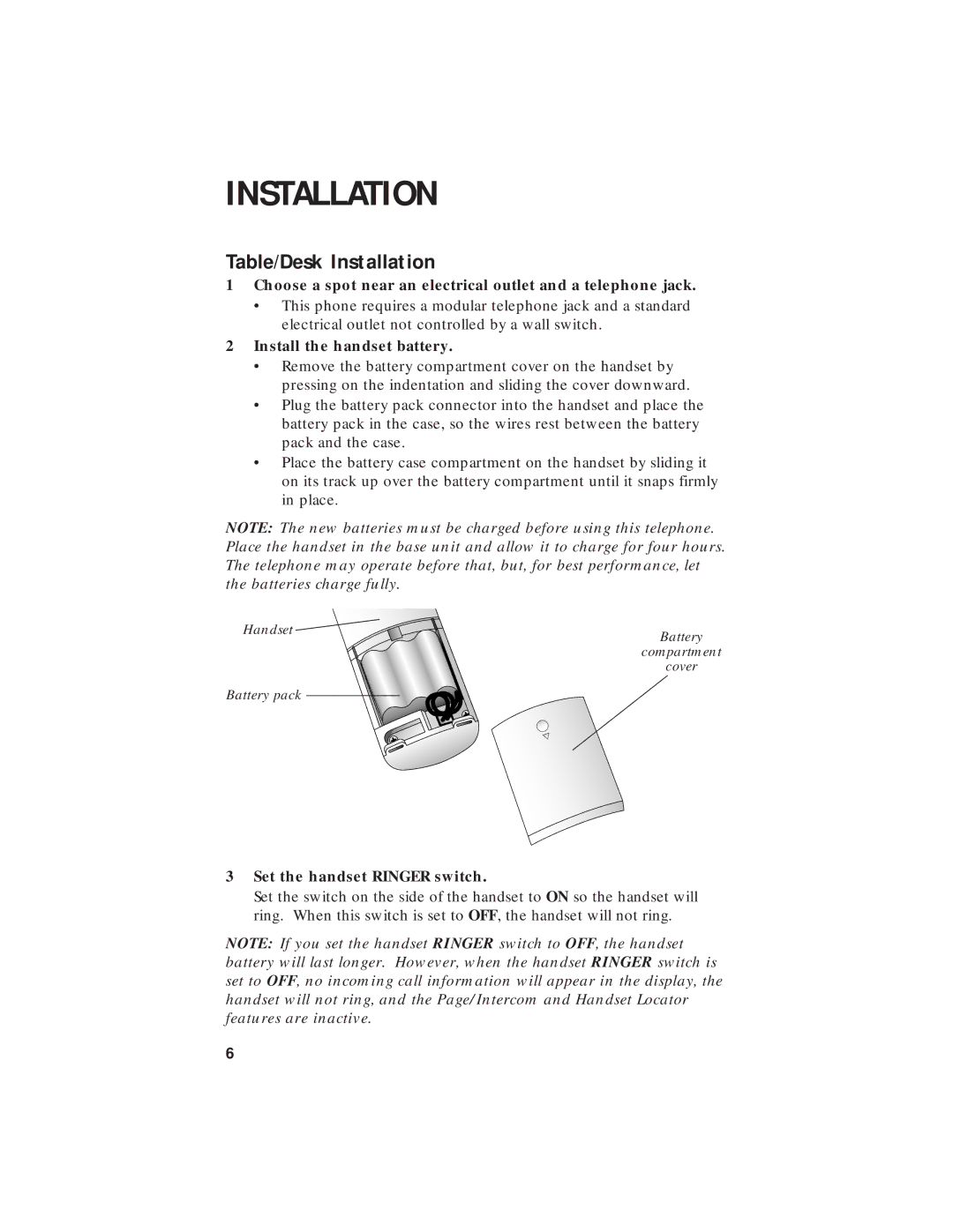 AT&T 7720 user manual Table/Desk Installation, Install the handset battery, Set the handset Ringer switch 