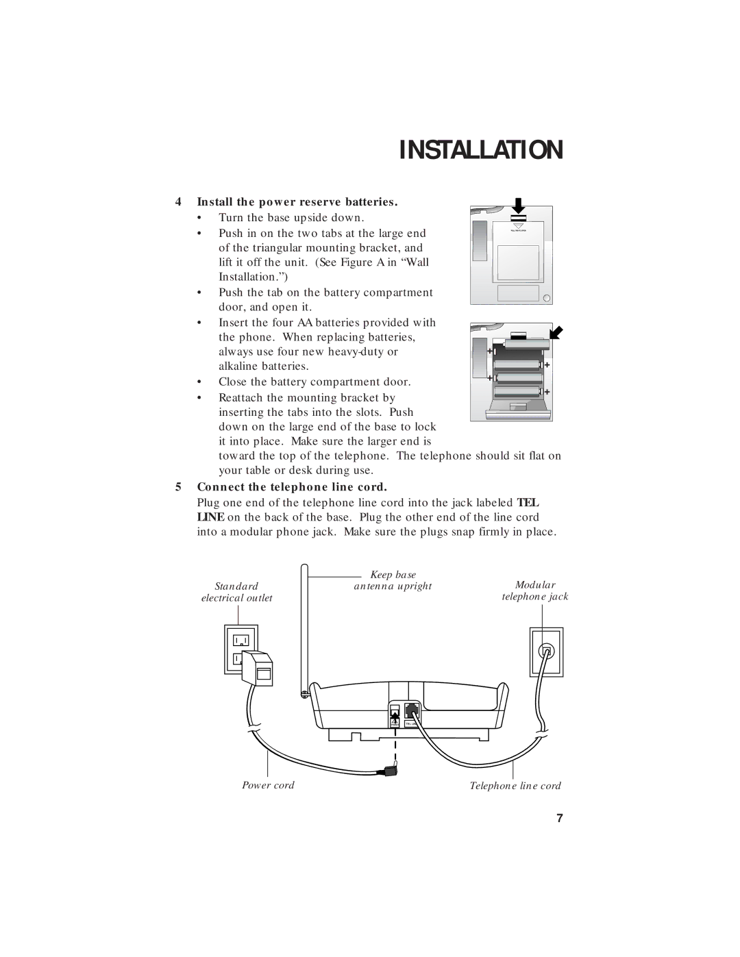 AT&T 7720 user manual Install the power reserve batteries, Connect the telephone line cord 