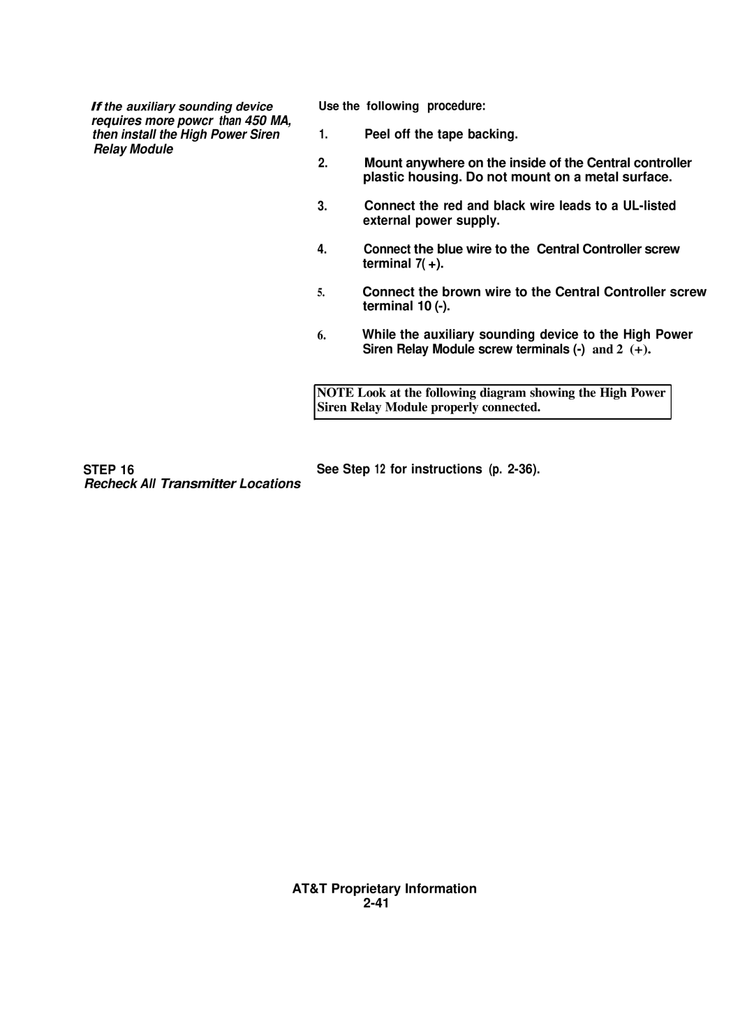 AT&T 8000 installation instructions Requires more powcr than 450 MA, Then install the High Power Siren, Relay Module 