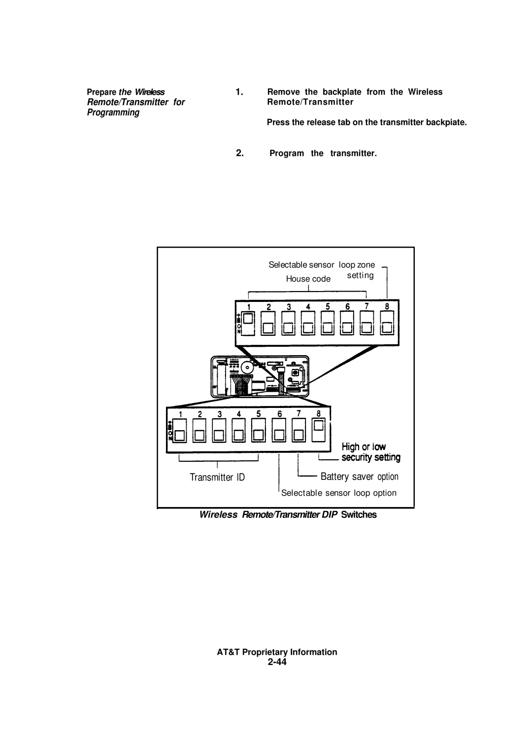 AT&T 8000 Programming, Selectable sensor loop zone House code setting, Selectable sensor loop option 