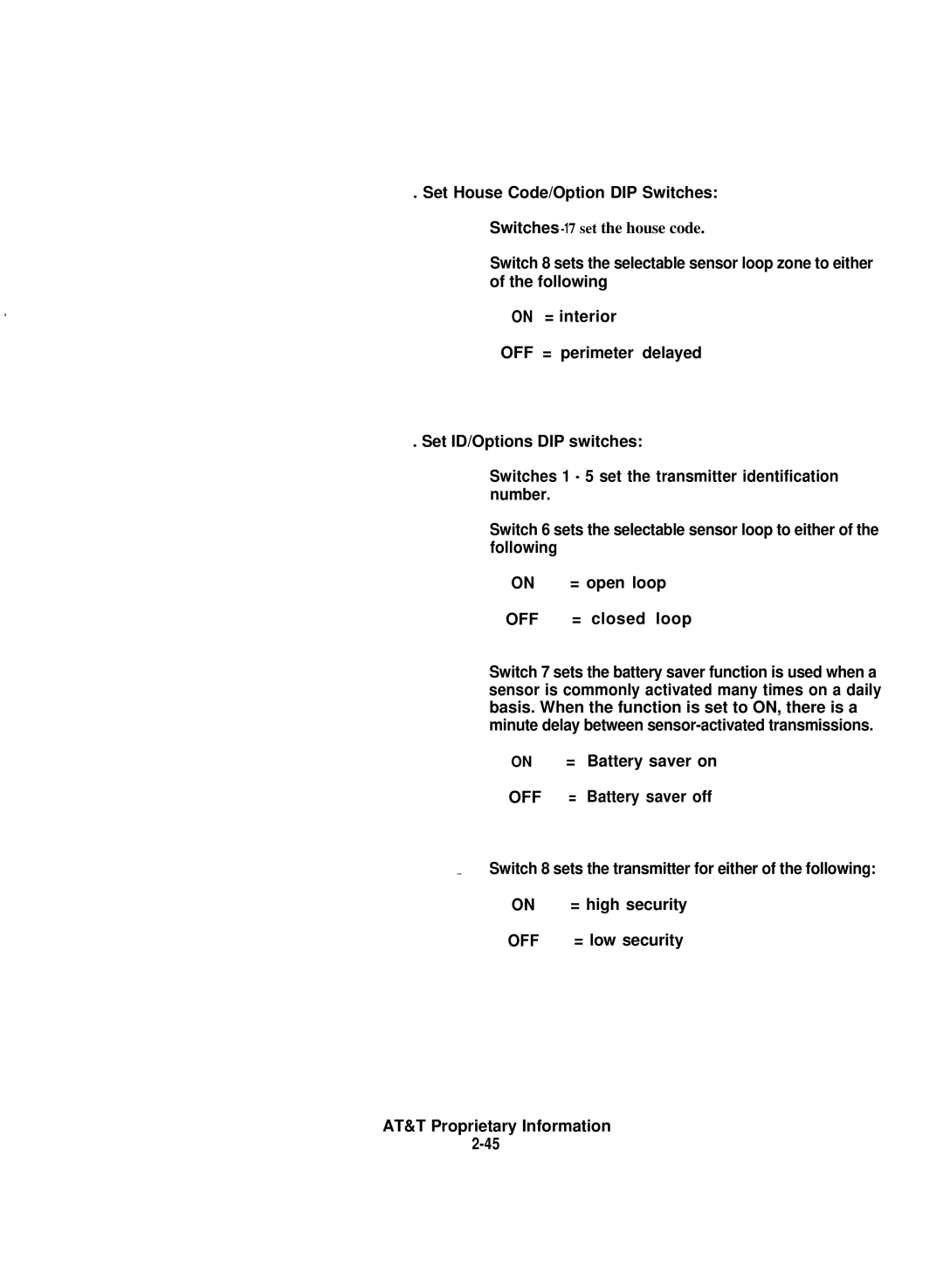 AT&T 8000 installation instructions Set House Code/Option DIP Switches, = closed loop, = high security, = low security 