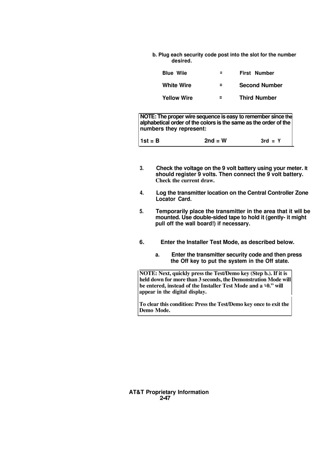 AT&T 8000 installation instructions White Wire, Yellow Wire Third Number 1st = B 2nd = W 