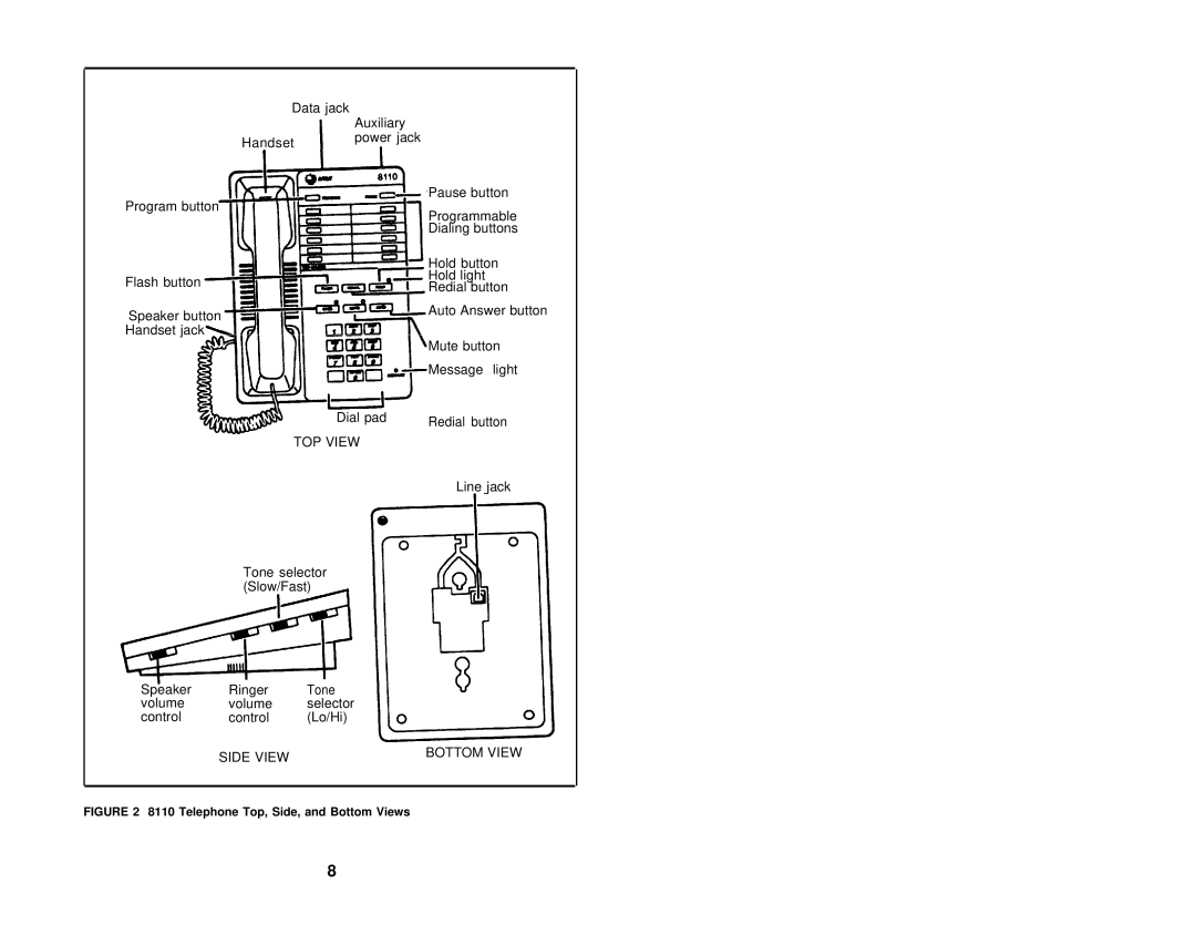 AT&T 8110, 8102 user manual Telephone Top, Side, and Bottom Views 