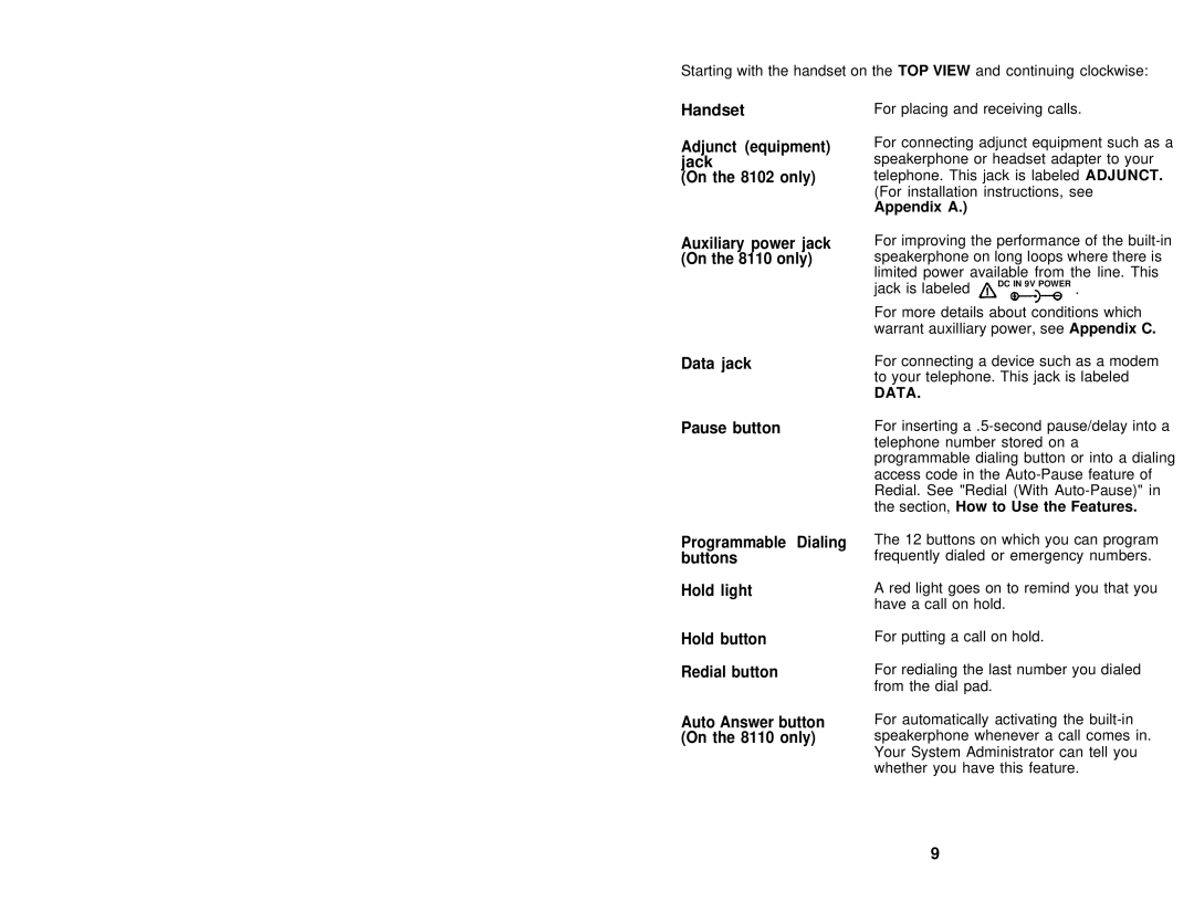 AT&T user manual Handset Adjunct equipment jack On the 8102 only, Auto Answer button On the 8110 only 