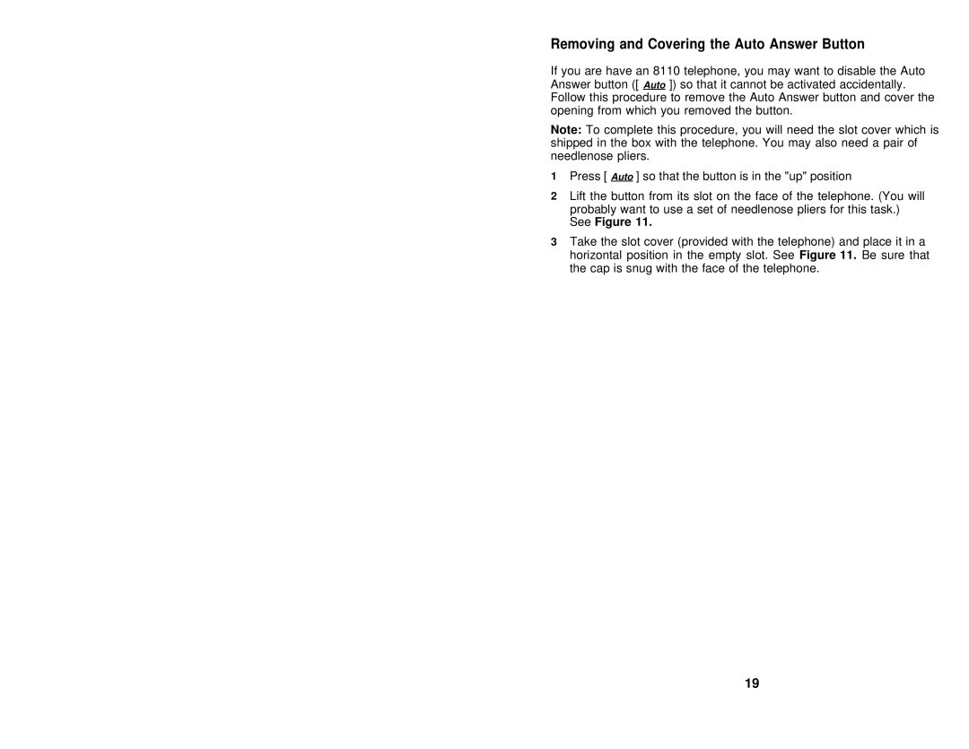 AT&T 8102, 8110 user manual Removing and Covering the Auto Answer Button 