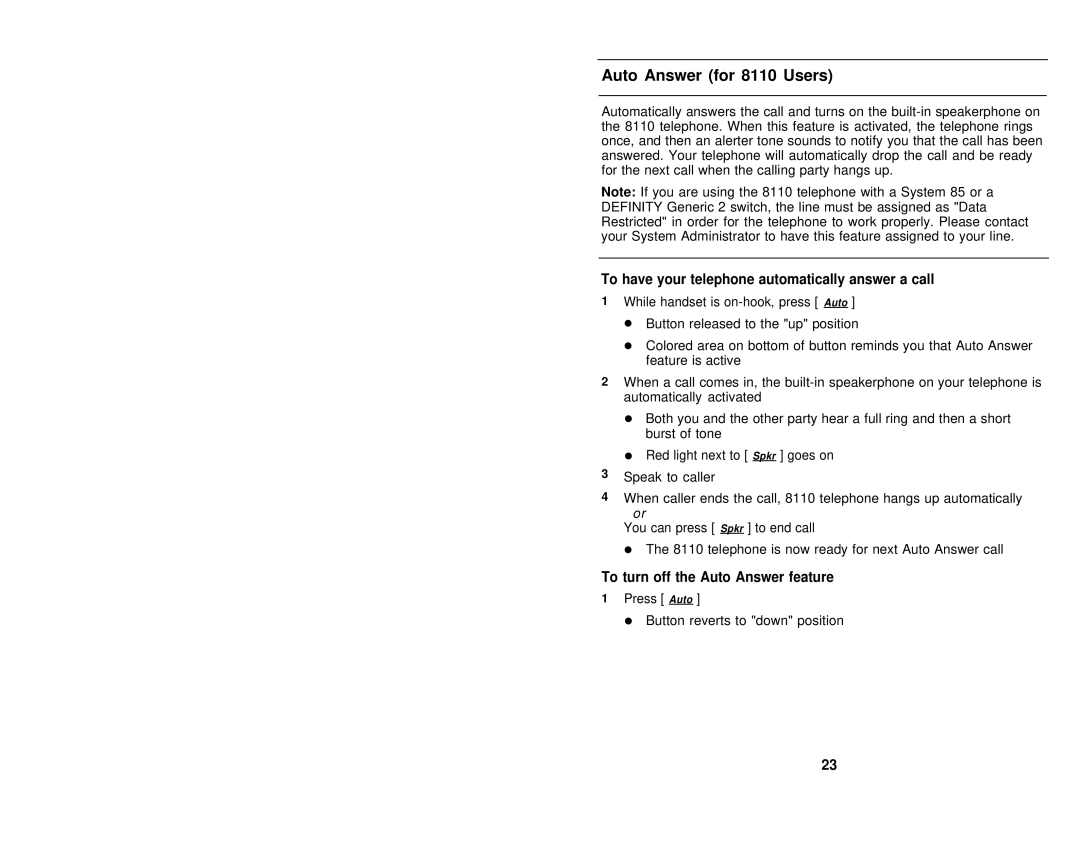 AT&T 8102 user manual Auto Answer for 8110 Users, To have your telephone automatically answer a call 