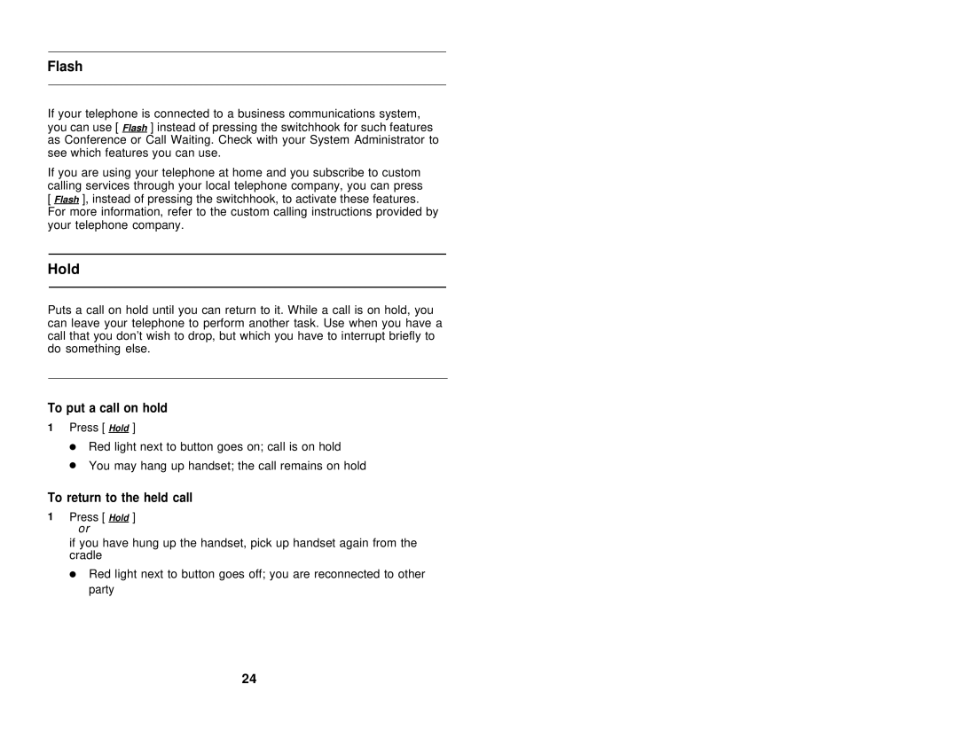 AT&T 8110, 8102 user manual Flash, Hold, To put a call on hold, To return to the held call 