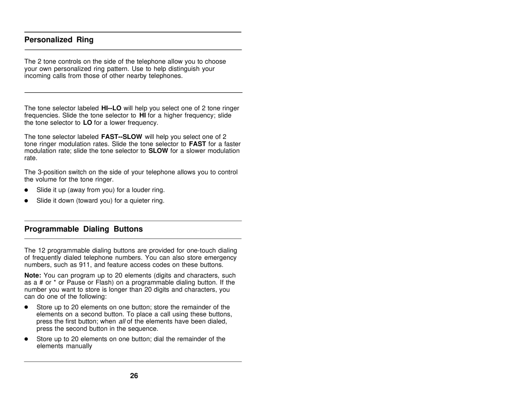 AT&T 8110, 8102 user manual Personalized Ring, Programmable Dialing Buttons 