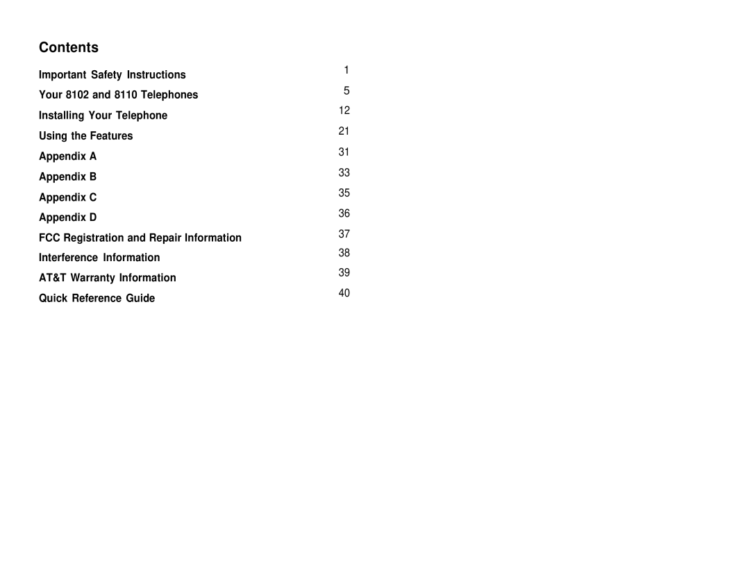 AT&T 8110, 8102 user manual Contents 