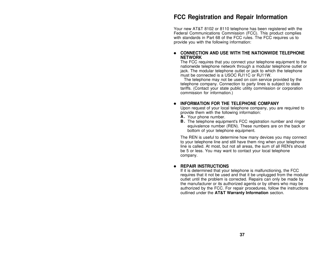 AT&T 8102, 8110 FCC Registration and Repair Information, Connection and USE with the Nationwide Telephone Network 