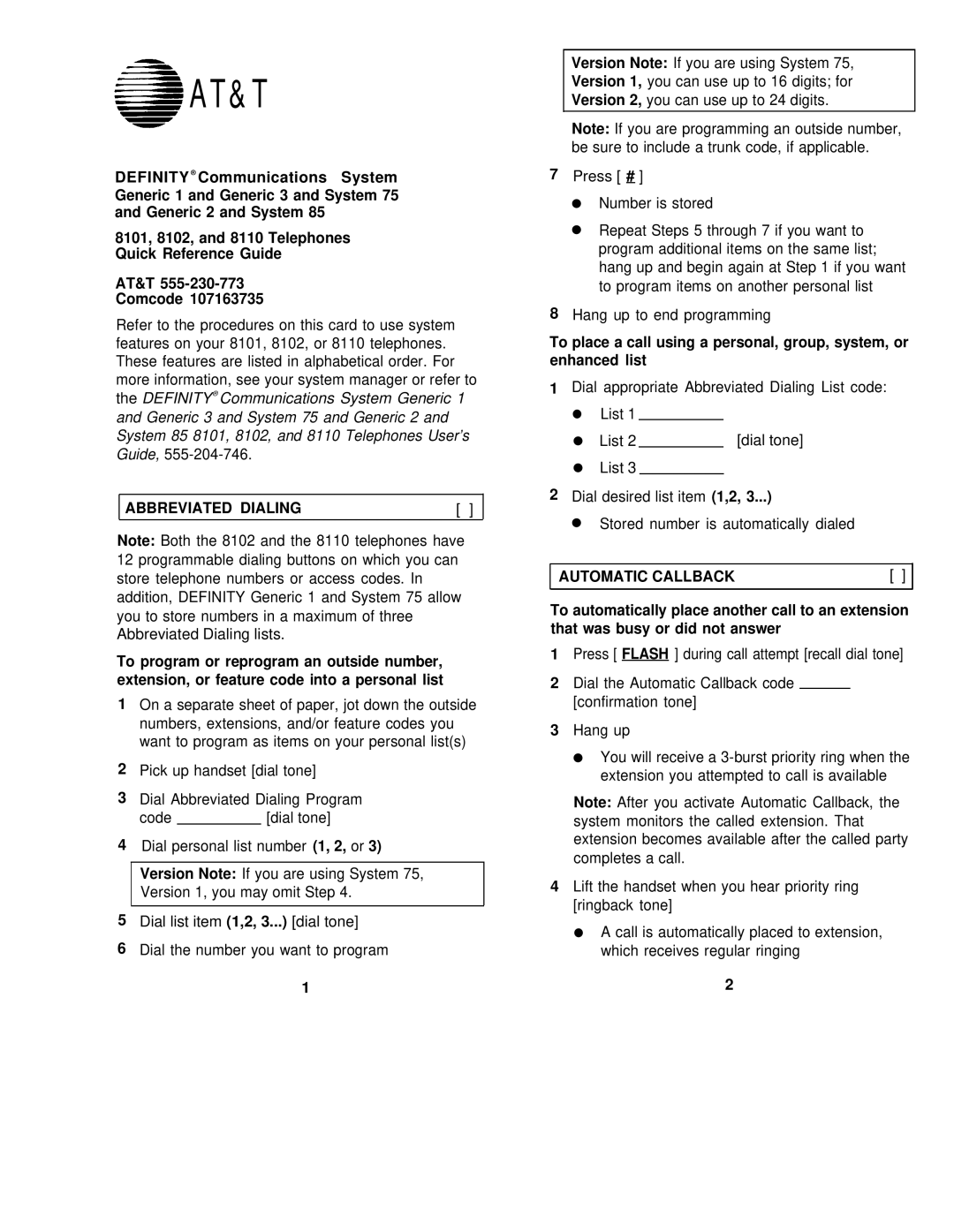 AT&T 8101, 8110 manual Abbreviated Dialing, Automatic Callback 