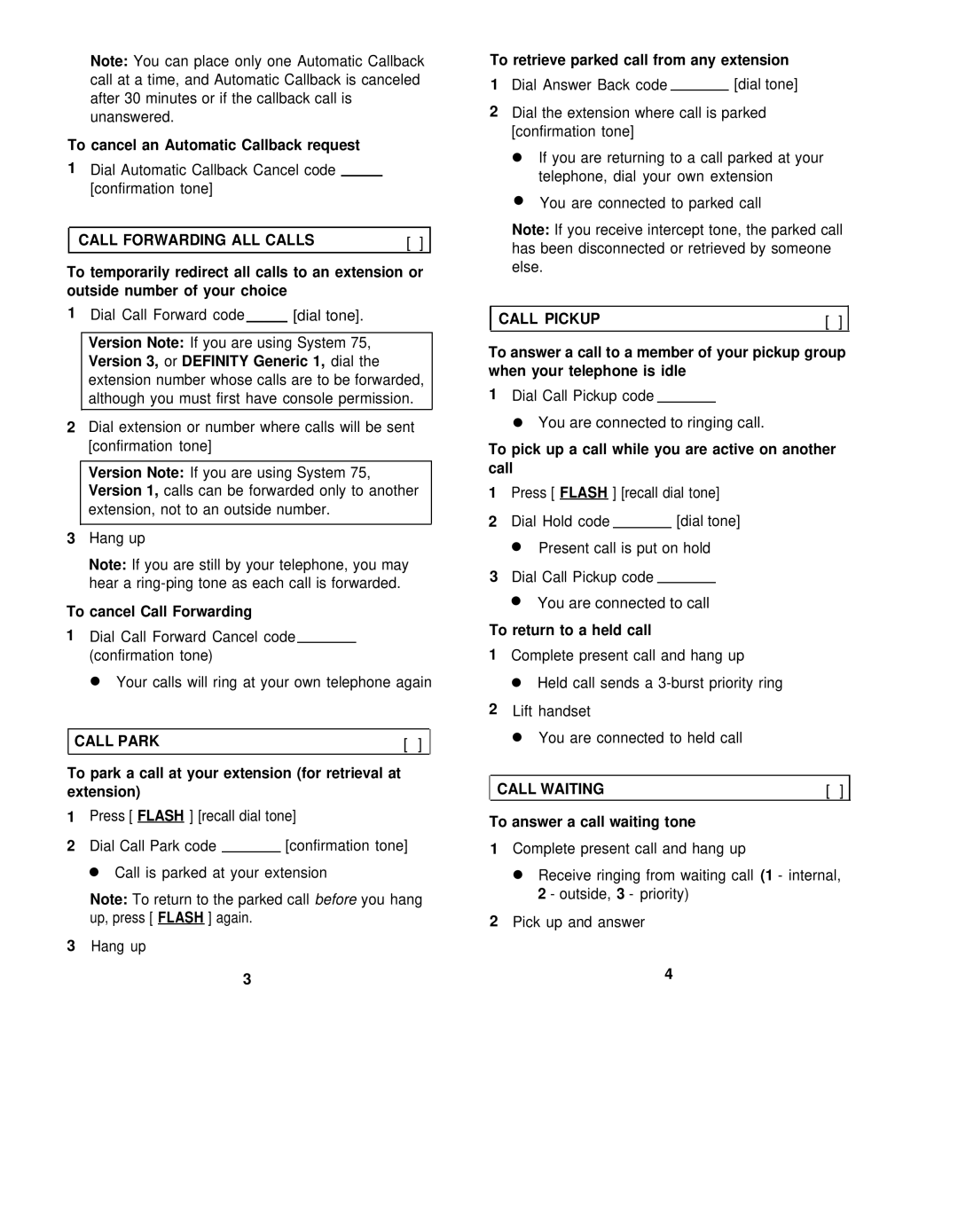 AT&T 8110, 8101 manual Call Forwarding ALL Calls, Call Park, Call Pickup, Call Waiting 