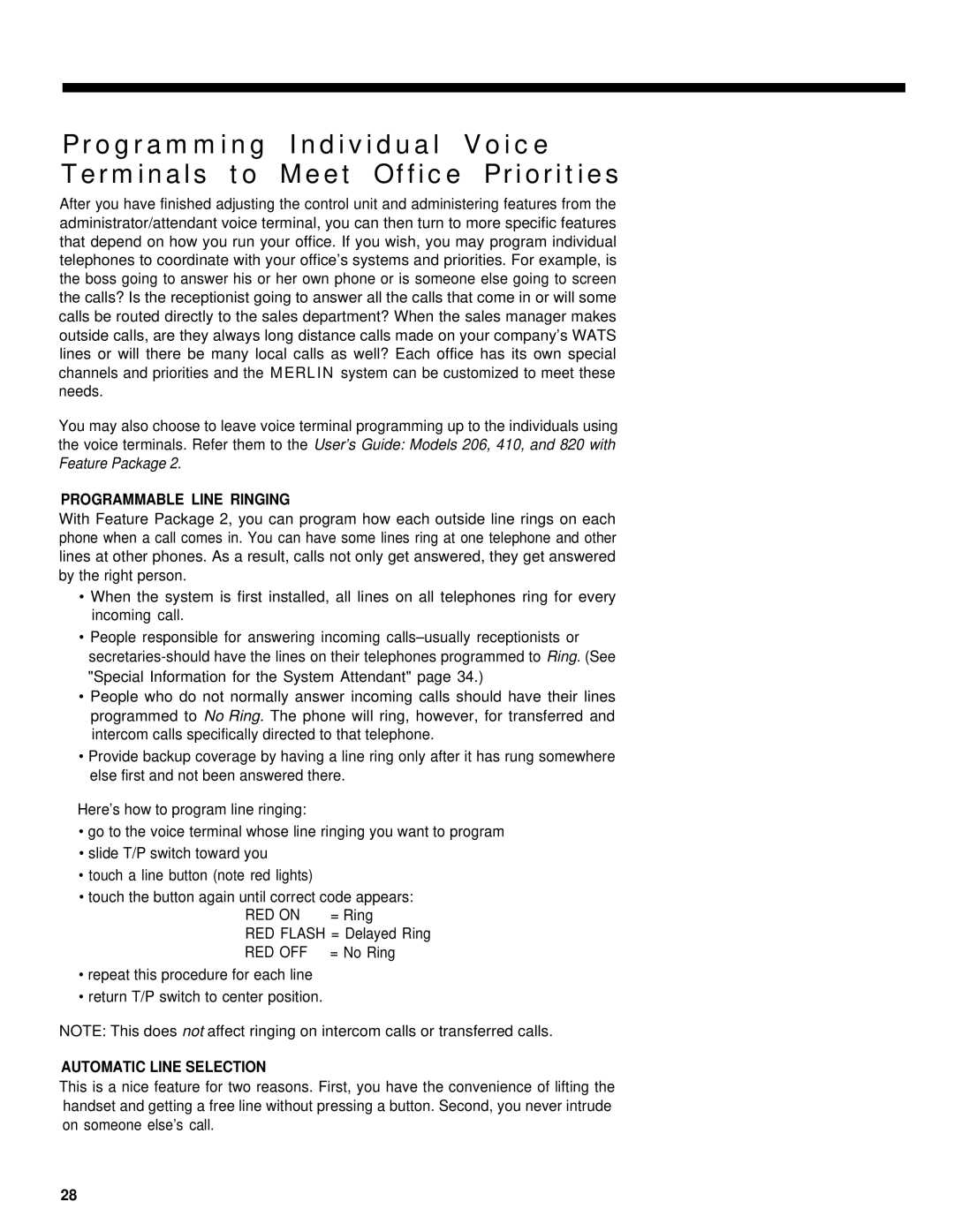 AT&T 206, 820, 410 manual Programmable Line Ringing, Automatic Line Selection 