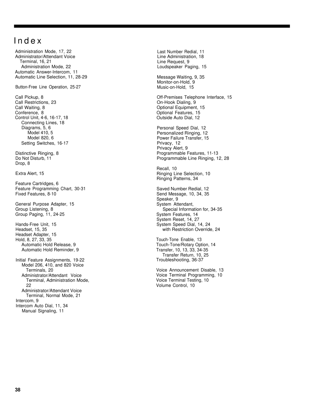 AT&T 820, 410, 206 manual Index 