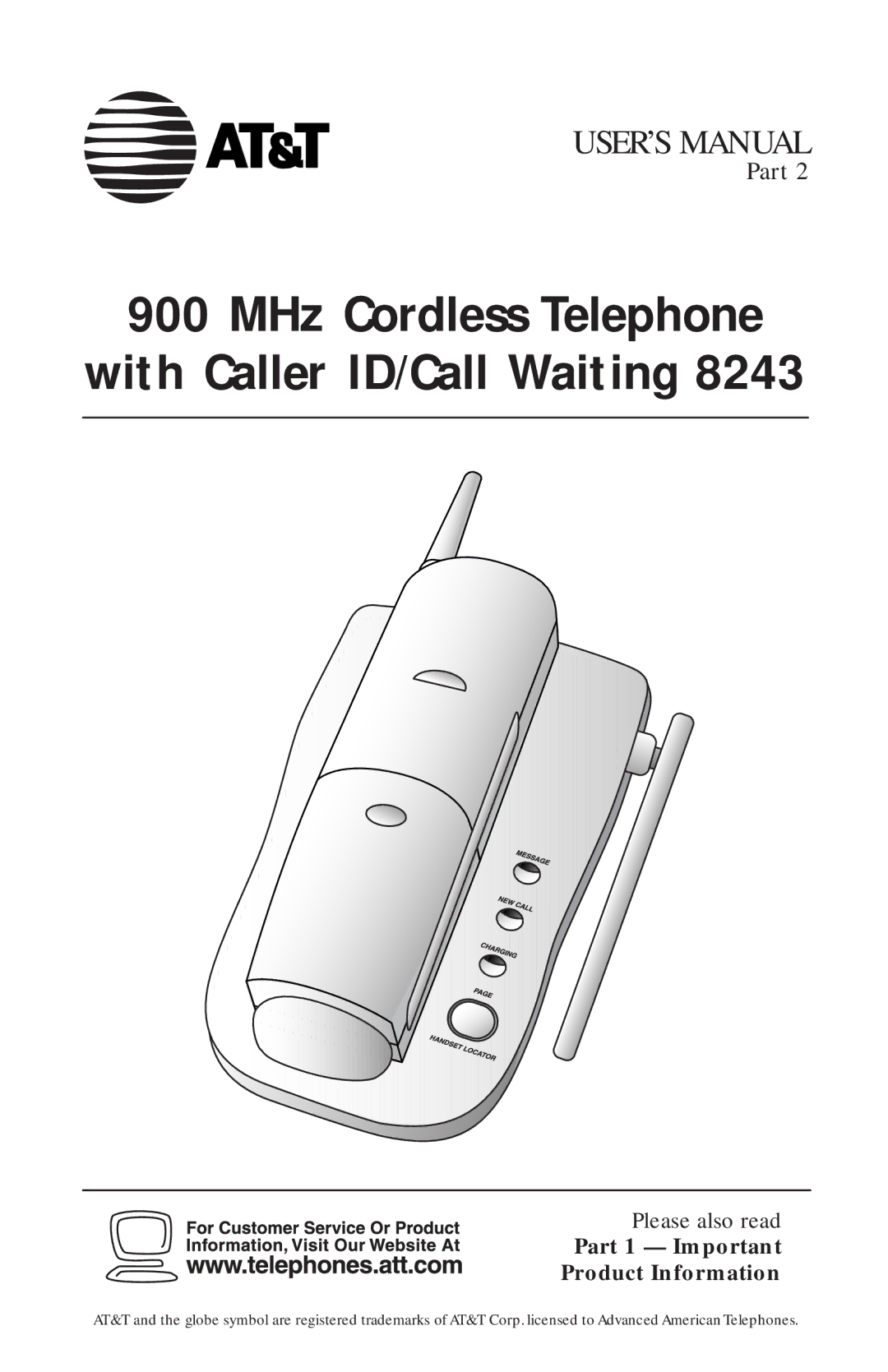 AT&T 8243 user manual MHz Cordless Telephone 