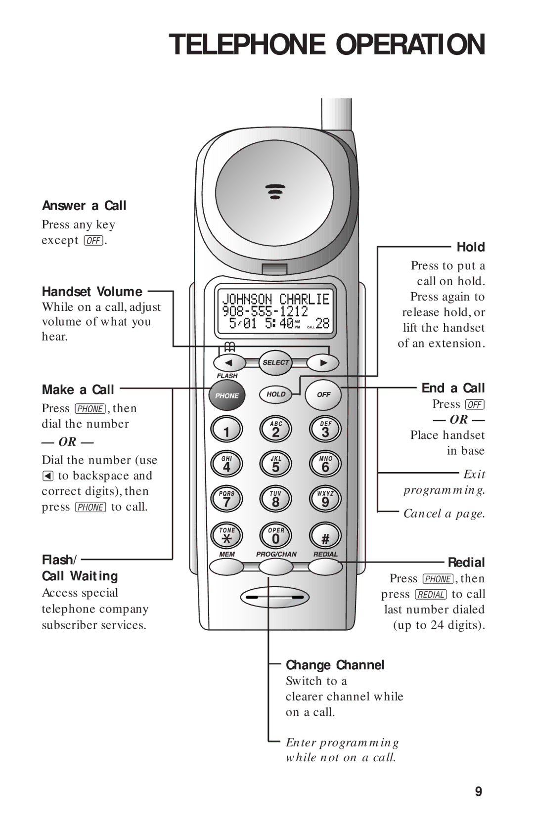 AT&T 8243 Answer a Call, Handset Volume, Make a Call, Flash Call Waiting, Hold, End a Call, Redial, Change Channel 