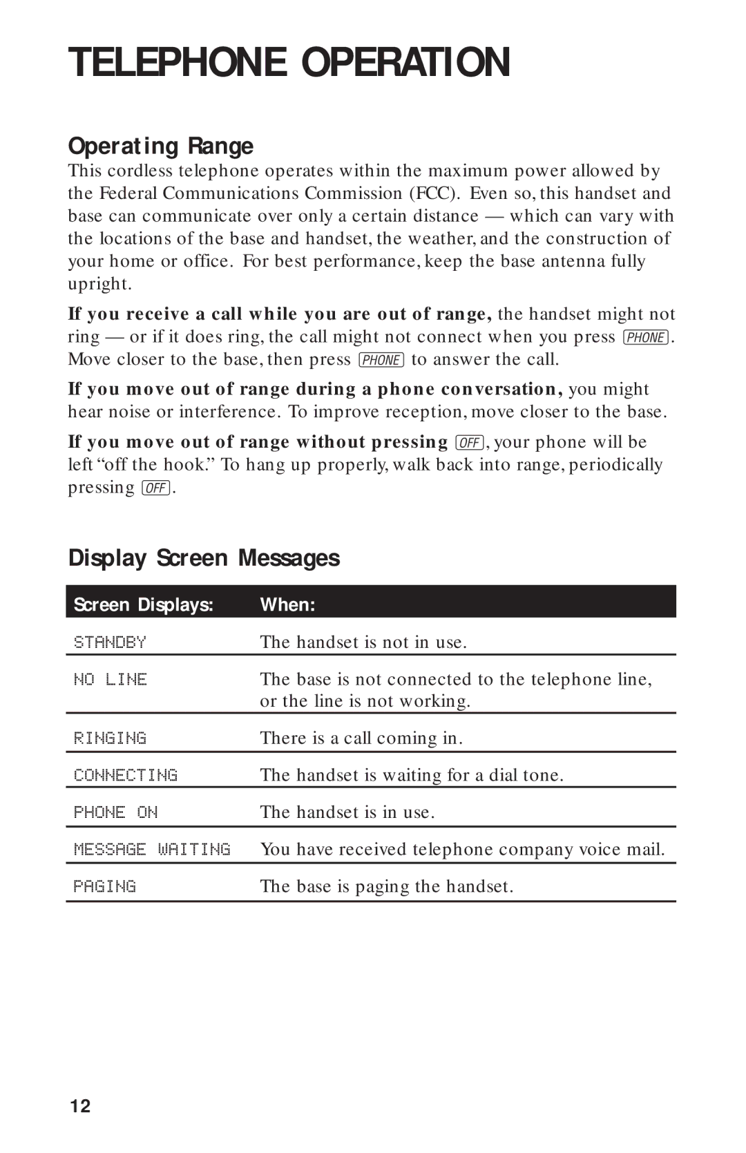 AT&T 8243 user manual Operating Range, Display Screen Messages 