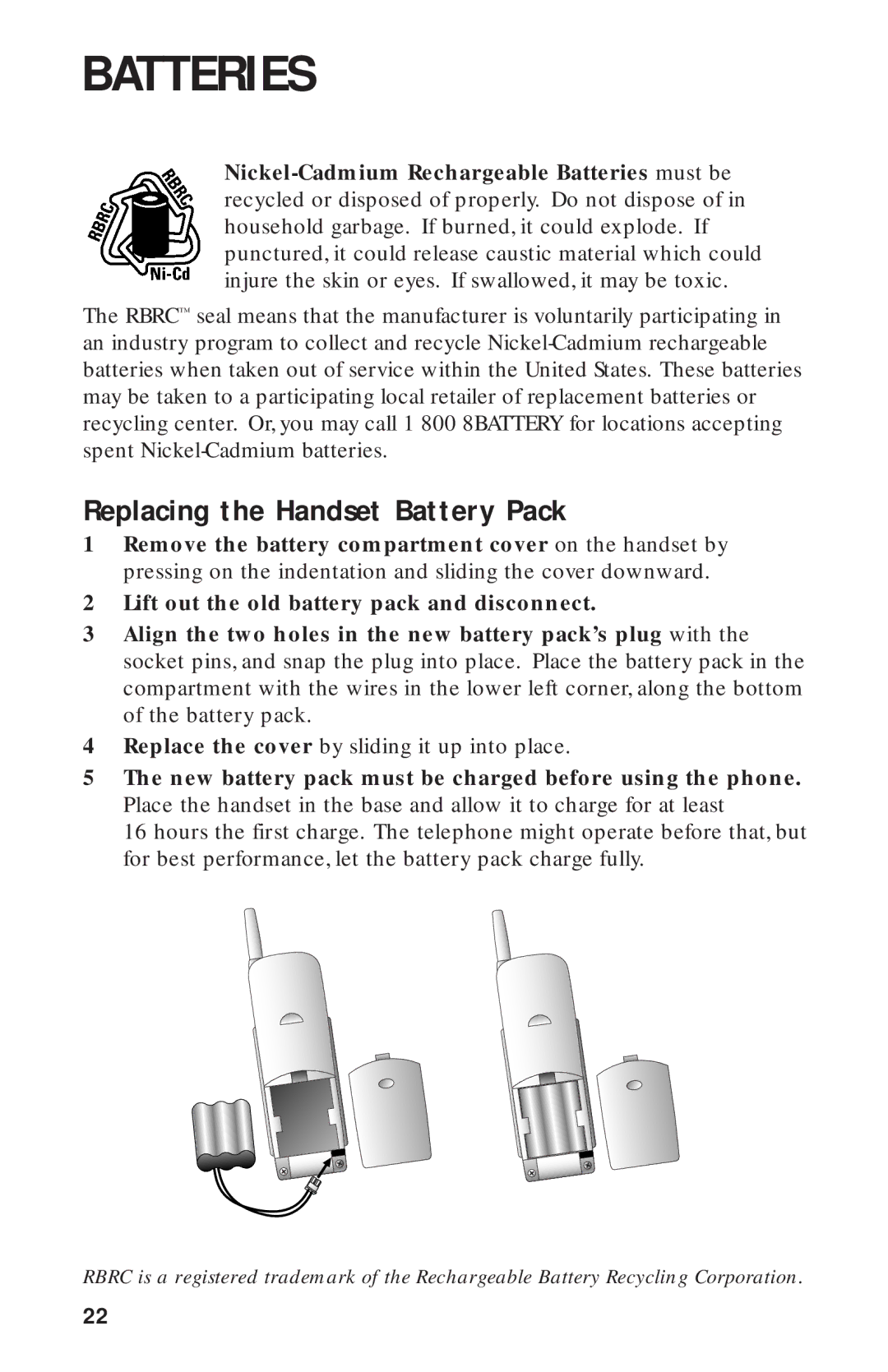 AT&T 8243 user manual Replacing the Handset Battery Pack 