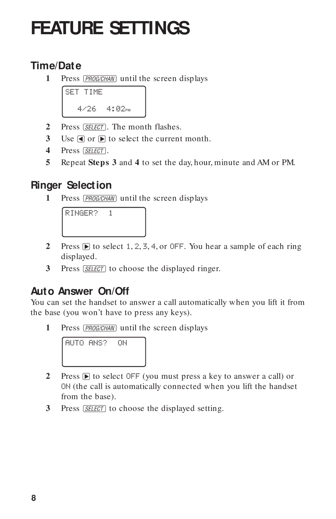 AT&T 8243 user manual Feature Settings, Time/Date, Ringer Selection, Auto Answer On/Off 