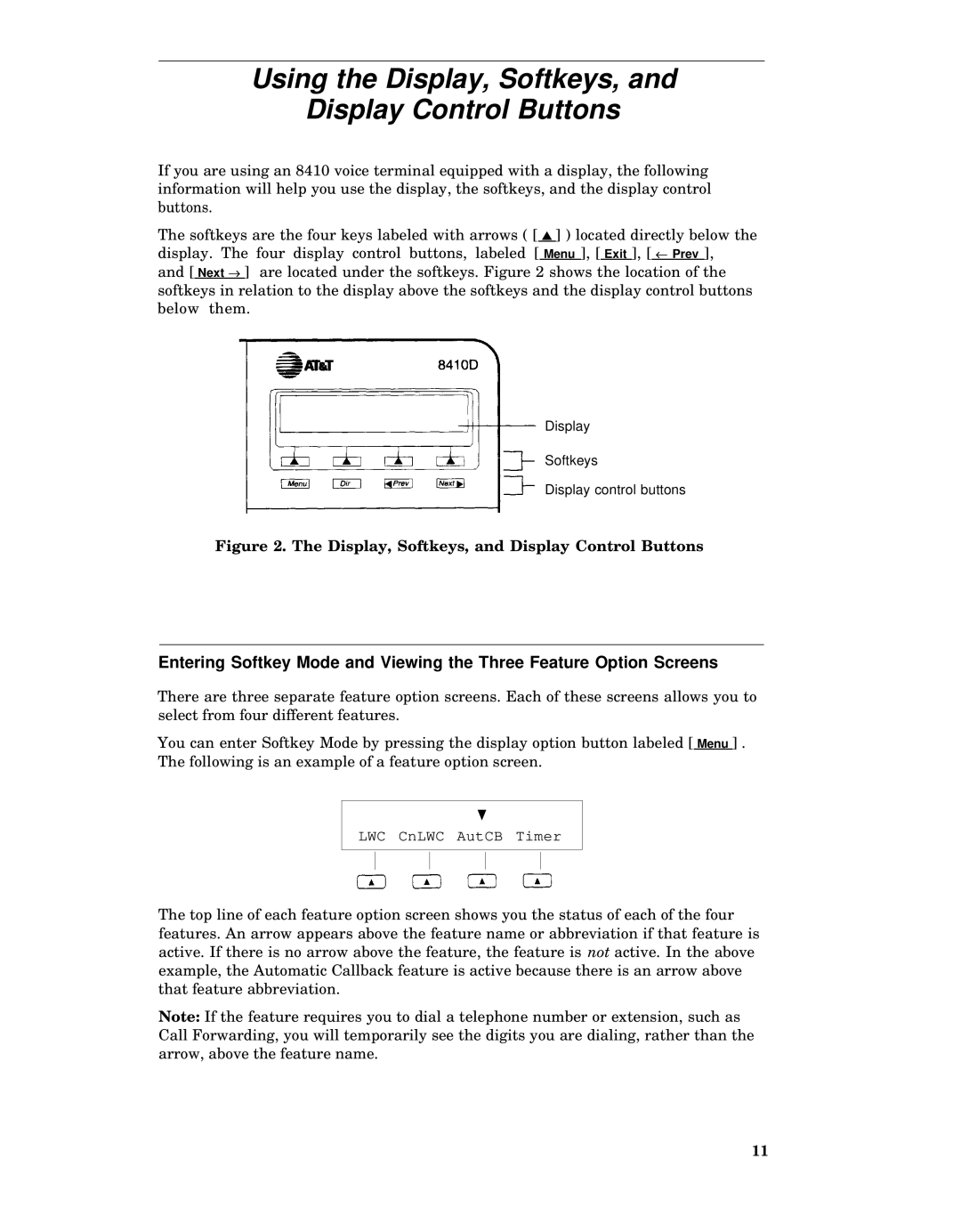 AT&T 8410 manual Using the Display, Softkeys, Display Control Buttons, Display, Softkeys, and Display Control Buttons 