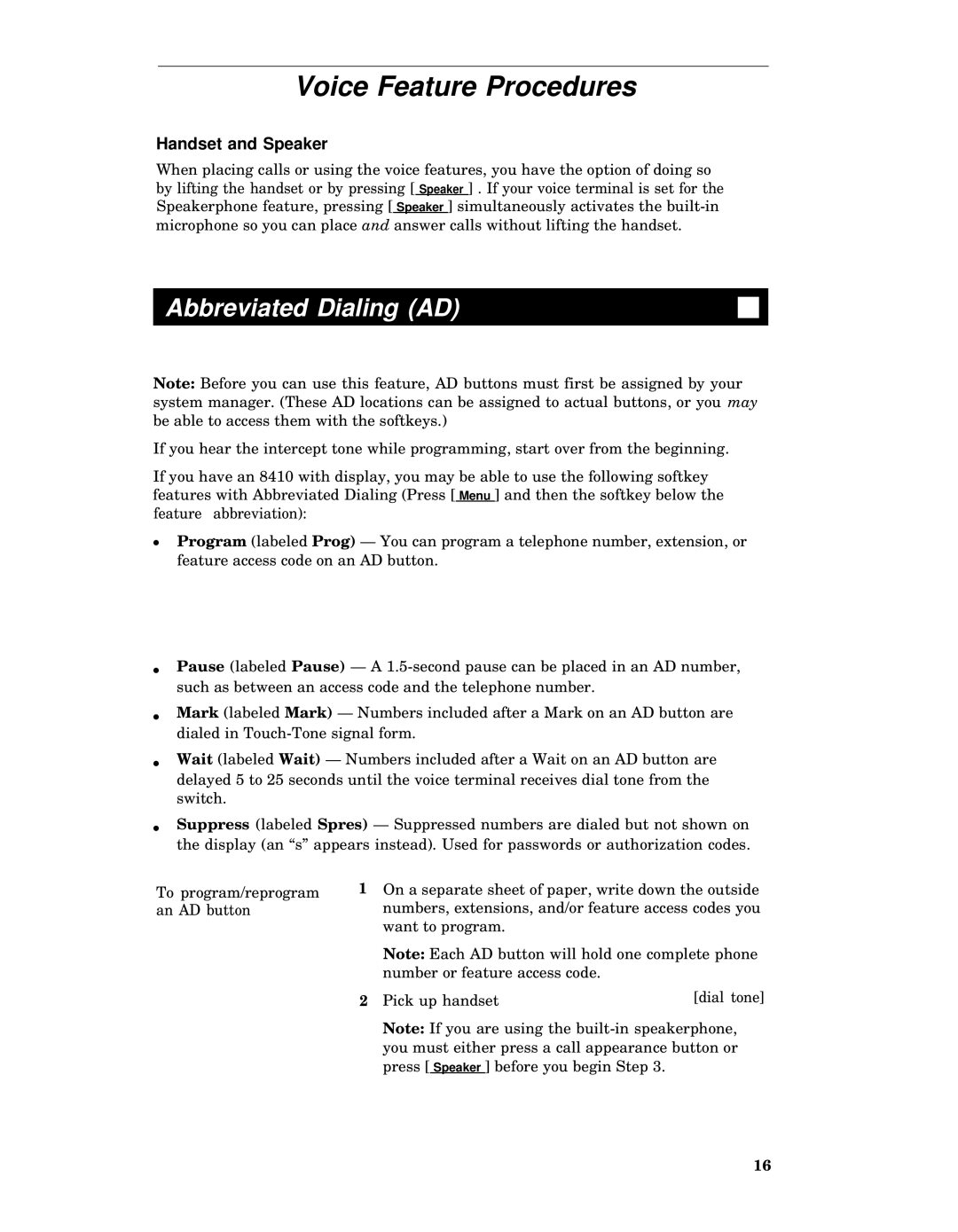 AT&T 8410 manual Voice Feature Procedures, Abbreviated Dialing AD 