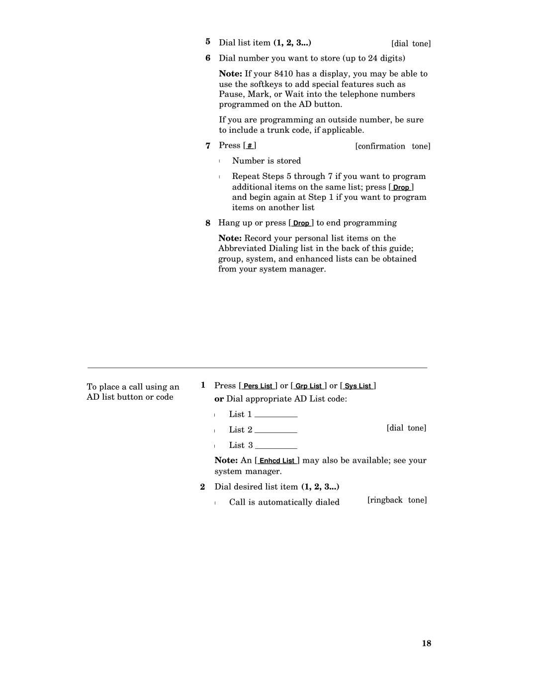 AT&T 8410 manual Dial list item 1, 2 Dial tone 