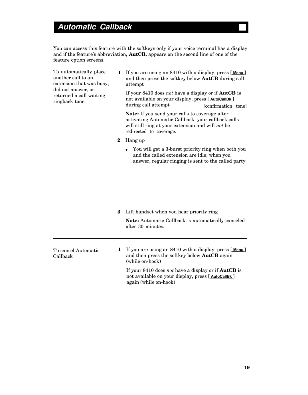 AT&T 8410 manual Automatic Callback 