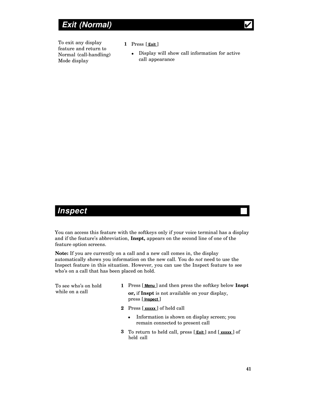 AT&T 8410 manual Exit Normal, Inspect 