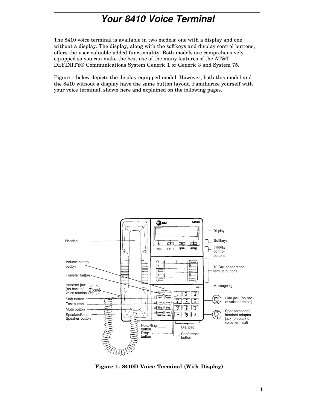 AT&T manual Your 8410 Voice Terminal, Voice Terminal With Display 