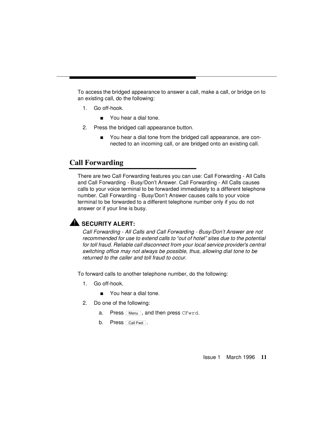 AT&T 8410 manual Call Forwarding, Security Alert 