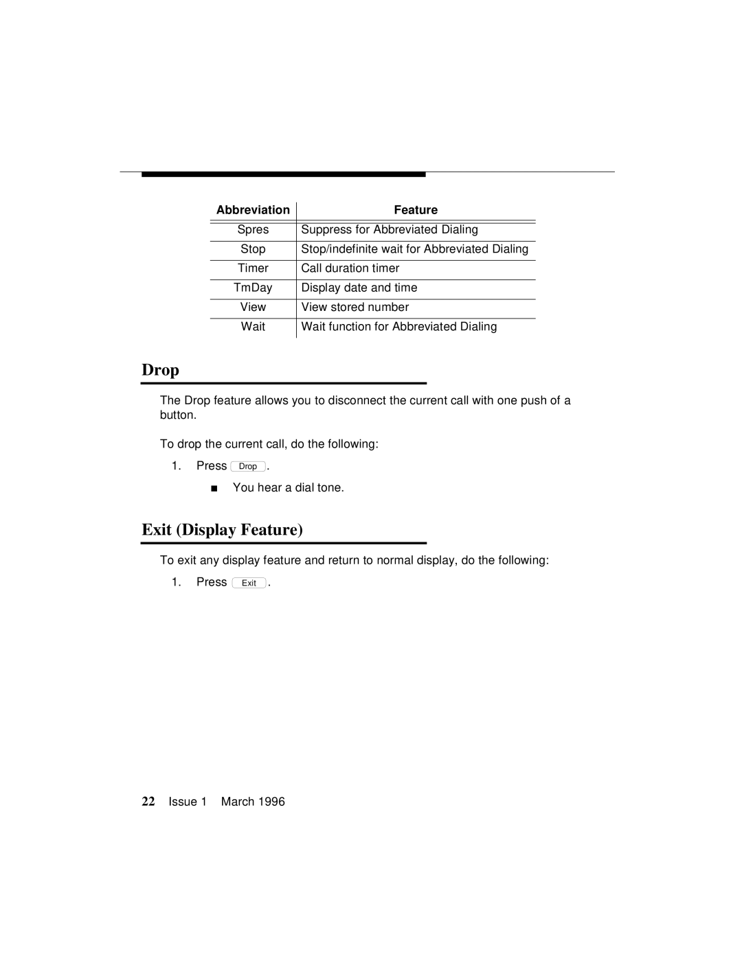 AT&T 8410 manual Drop, Exit Display Feature 