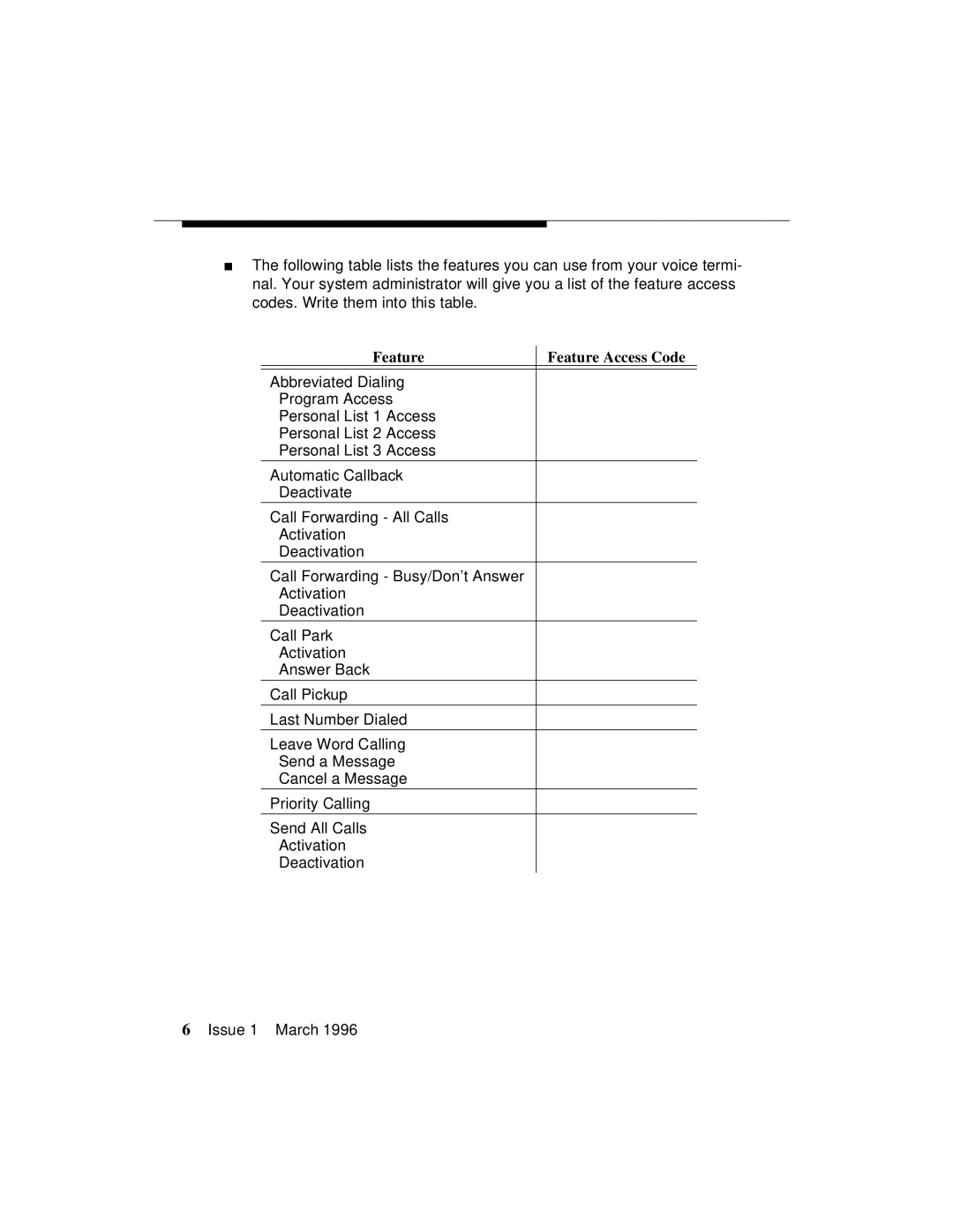 AT&T 8410 manual Feature Feature Access Code 