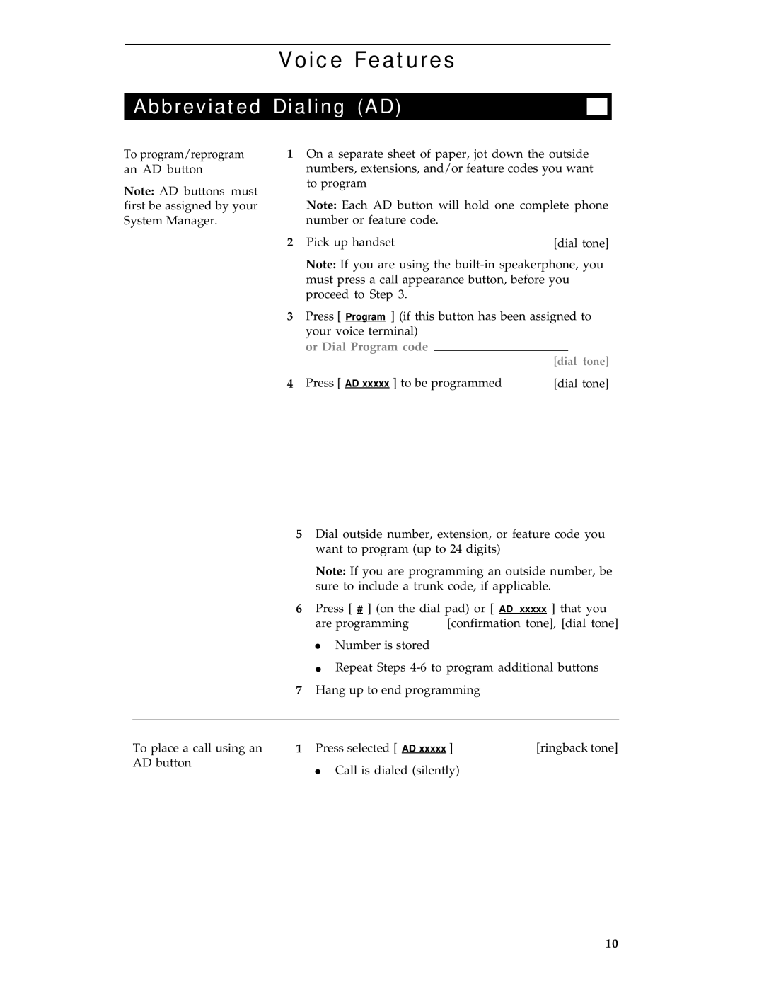 AT&T 8434 manual Voice Features, Abbreviated Dialing AD, Or Dial Program code Dial tone 