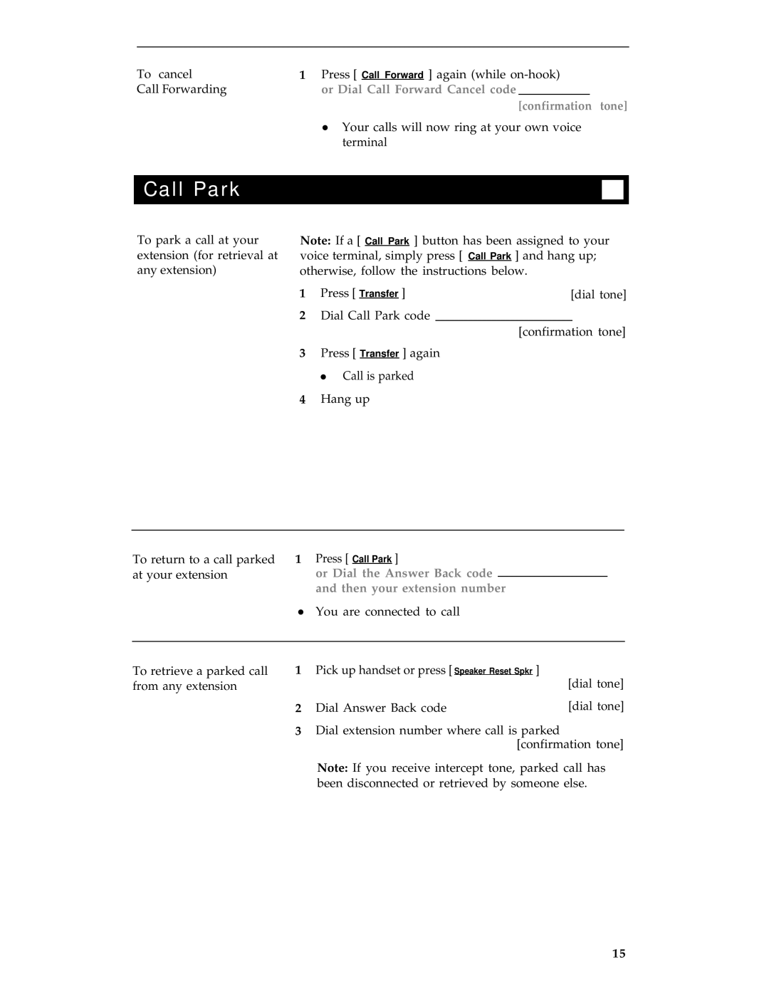 AT&T 8434 manual Call Park, Or Dial the Answer Back code Then your extension number 