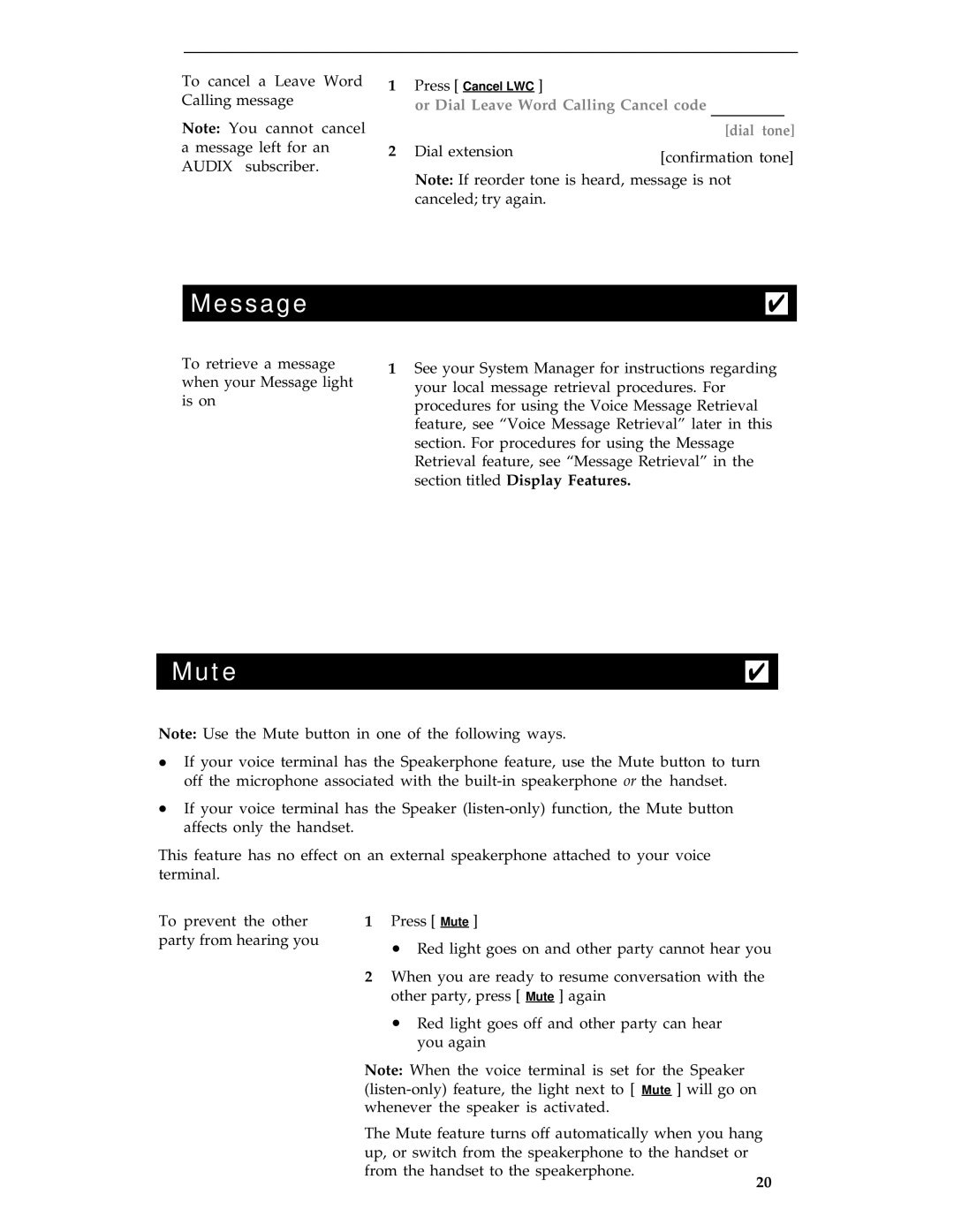 AT&T 8434 manual Message, Mute, Or Dial Leave Word Calling Cancel code 