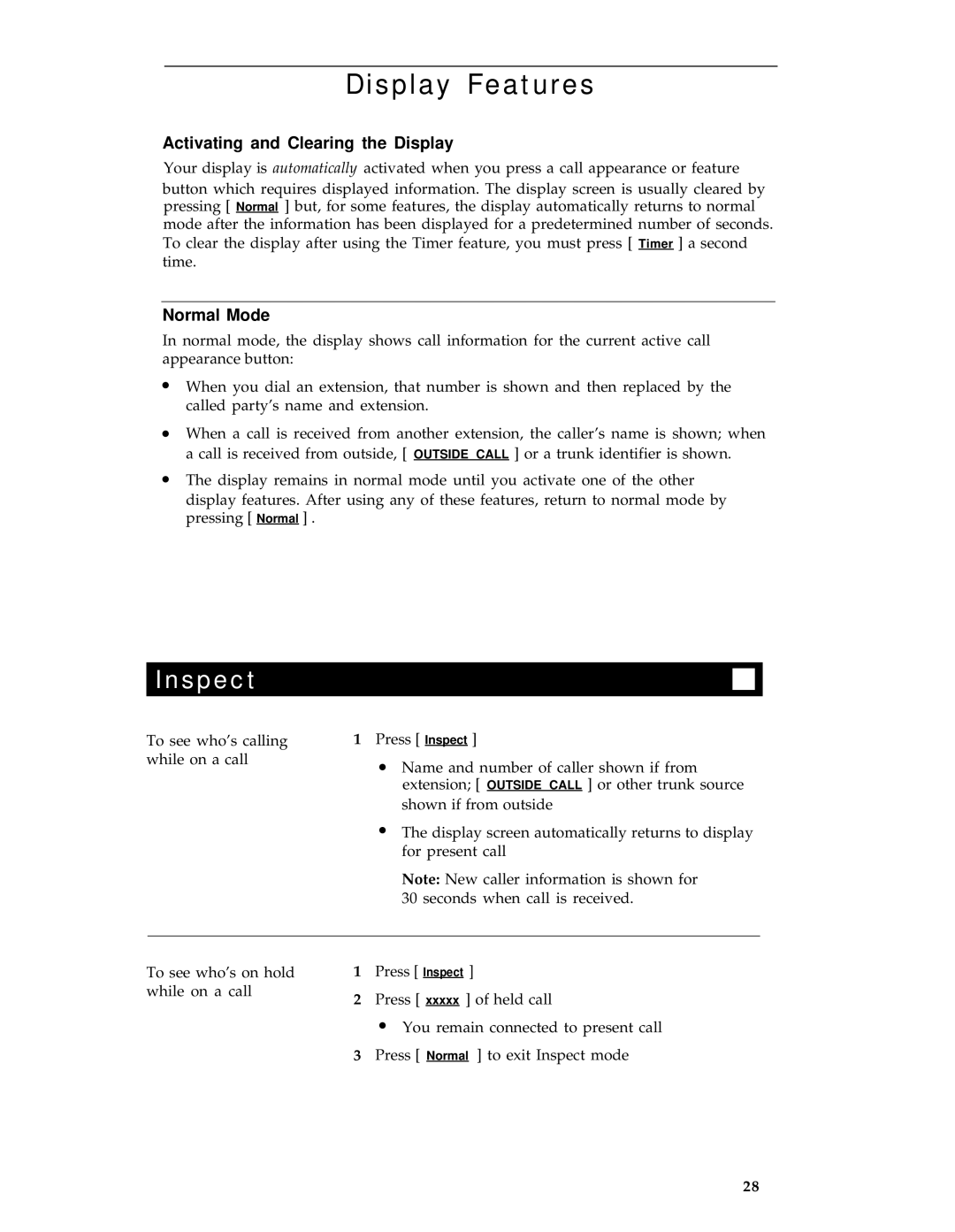 AT&T 8434 manual Display Features, Inspect 