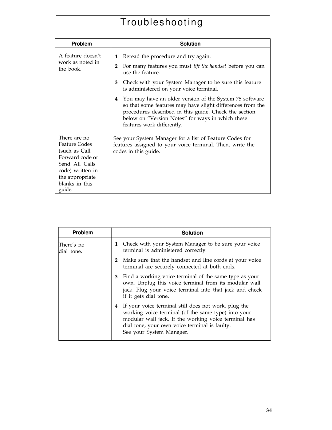 AT&T 8434 manual Troubleshooting, Problem Solution 