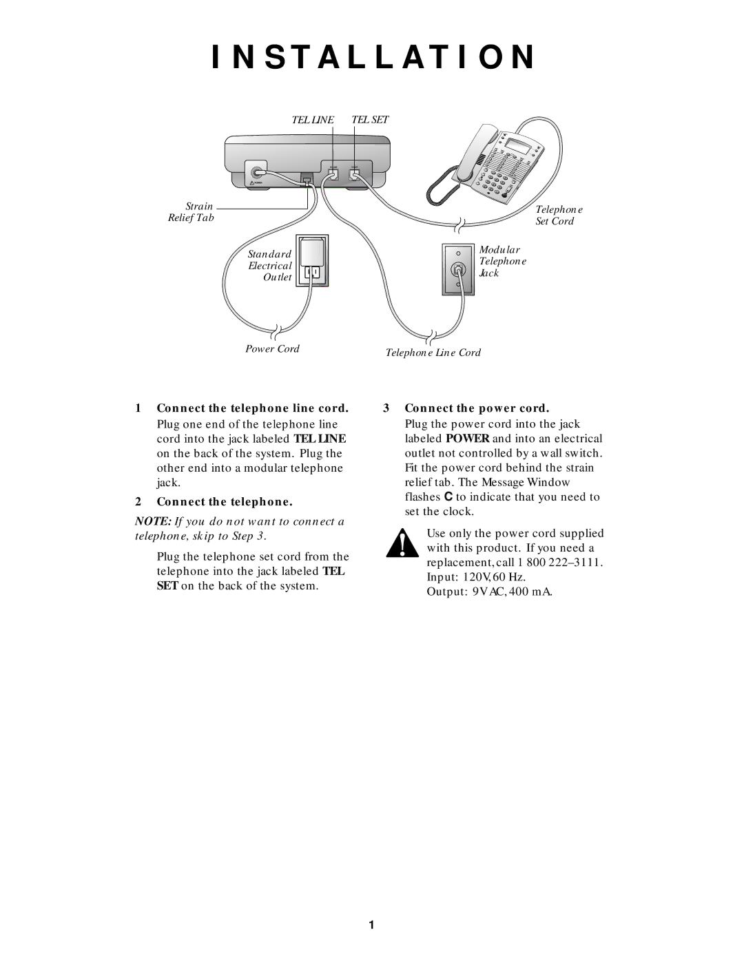 AT&T 850002593 user manual Installation, TEL Line 