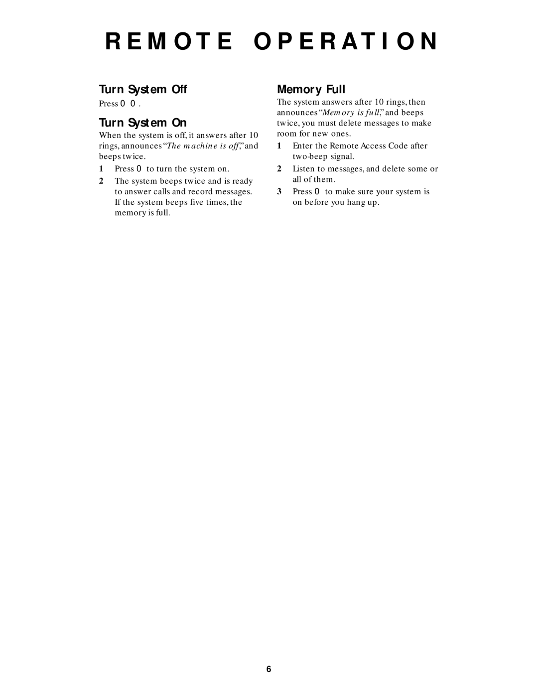 AT&T 850002593 user manual Turn System Off, Turn System On, Memory Full 