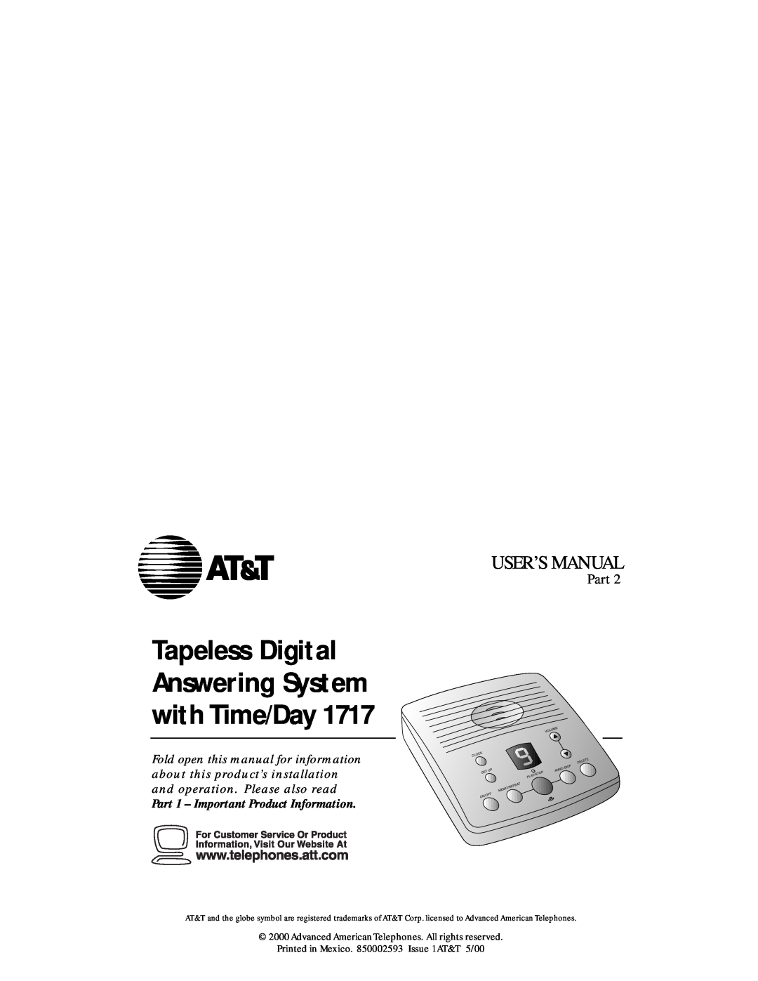 AT&T 850002593 user manual Part 1 - Important Product Information, Tapeless Digital Answering System with Time/Day 