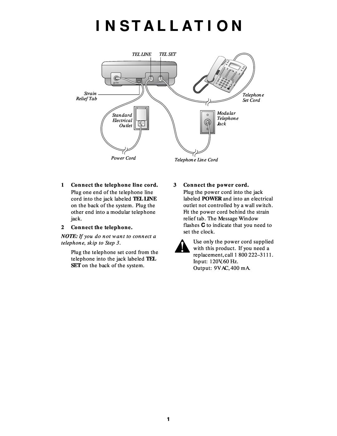 AT&T 850002593 user manual I N S T A L L A T I O N, Connect the telephone, Connect the power cord 