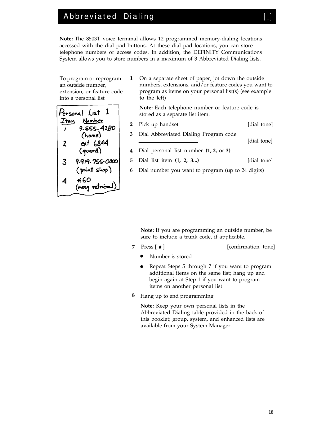 AT&T 8503T manual Abbreviated Dialing, Dial list item 1, 2 Dial tone 