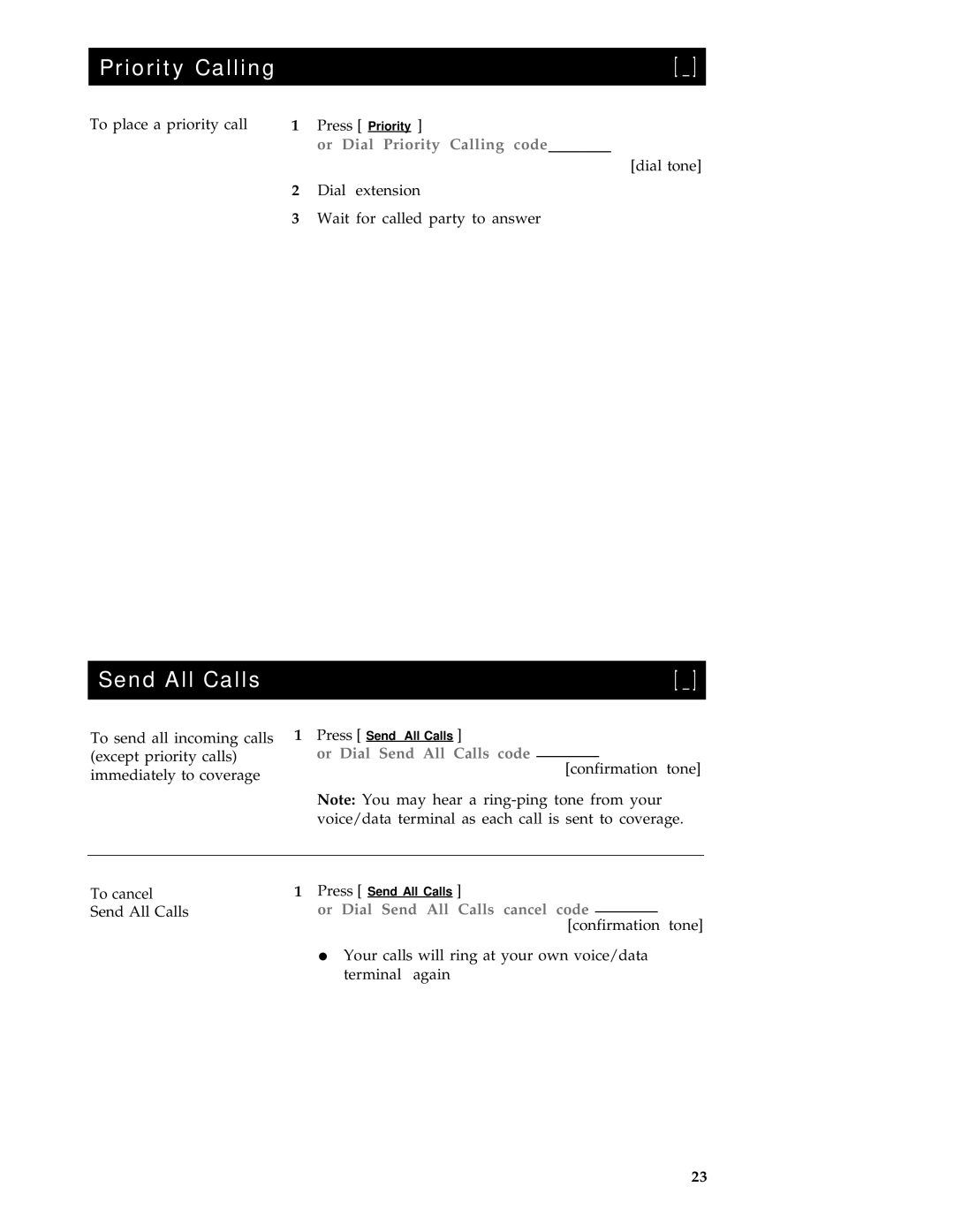 AT&T 8503T manual Or Dial Priority Calling code, Or Dial Send All Calls code, Or Dial Send All Calls cancel code 