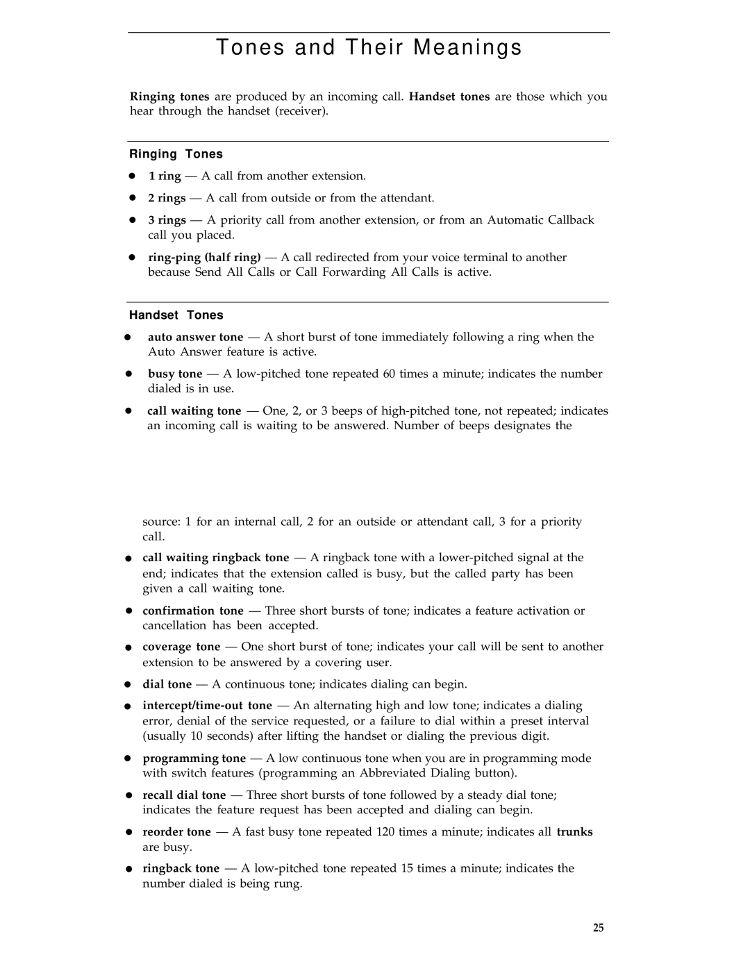 AT&T 8503T manual Tones and Their Meanings, Ringing Tones 